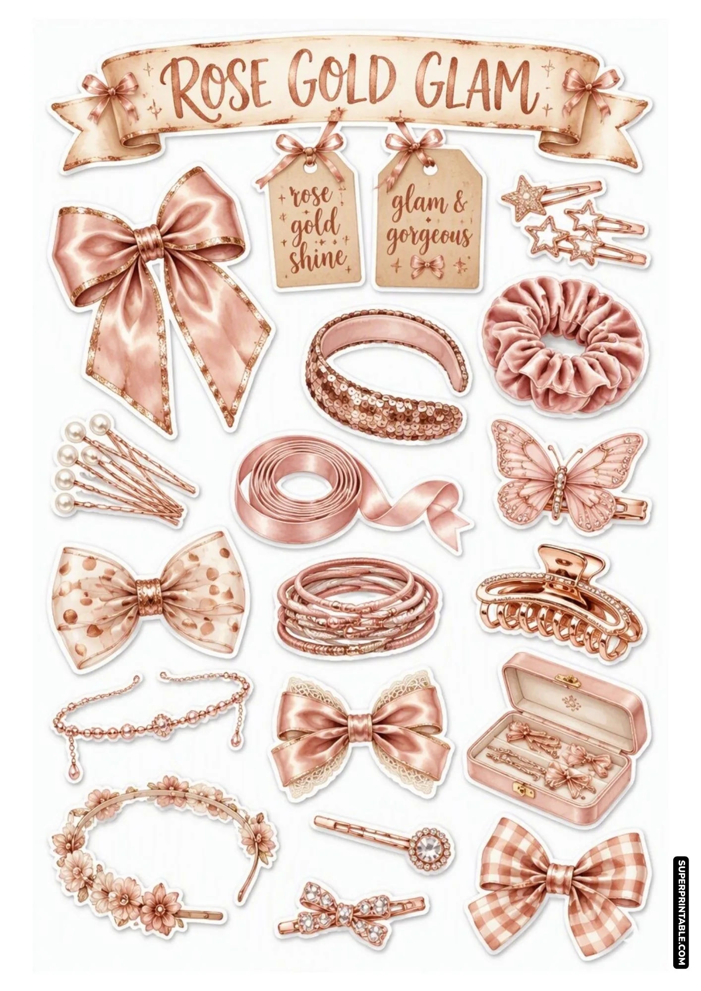 Rose gold aesthetic stickers featuring shiny metallic bows, star clips, and sequin headband.