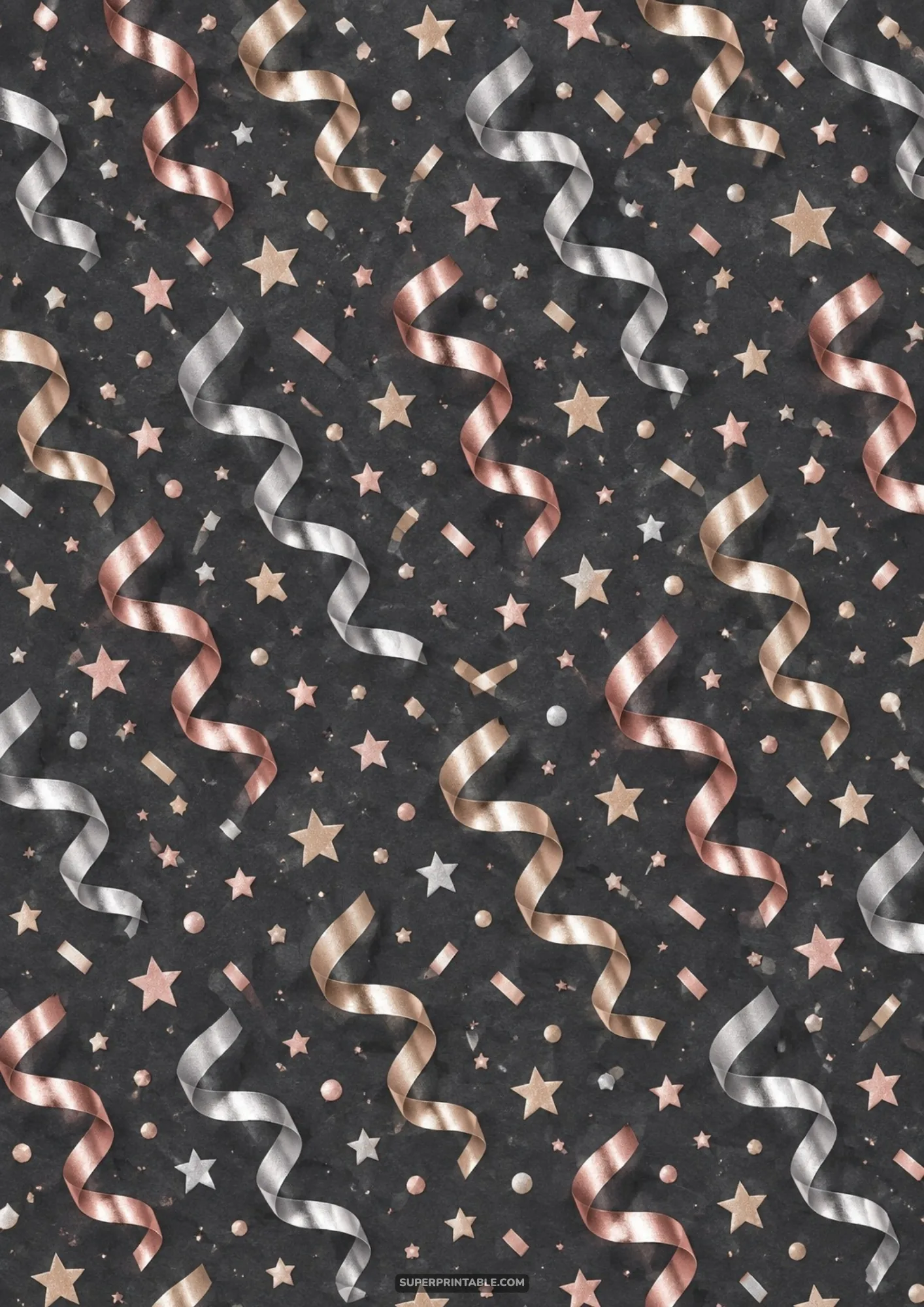 Spiraling rose gold and silver serpentine streamers across a charcoal background