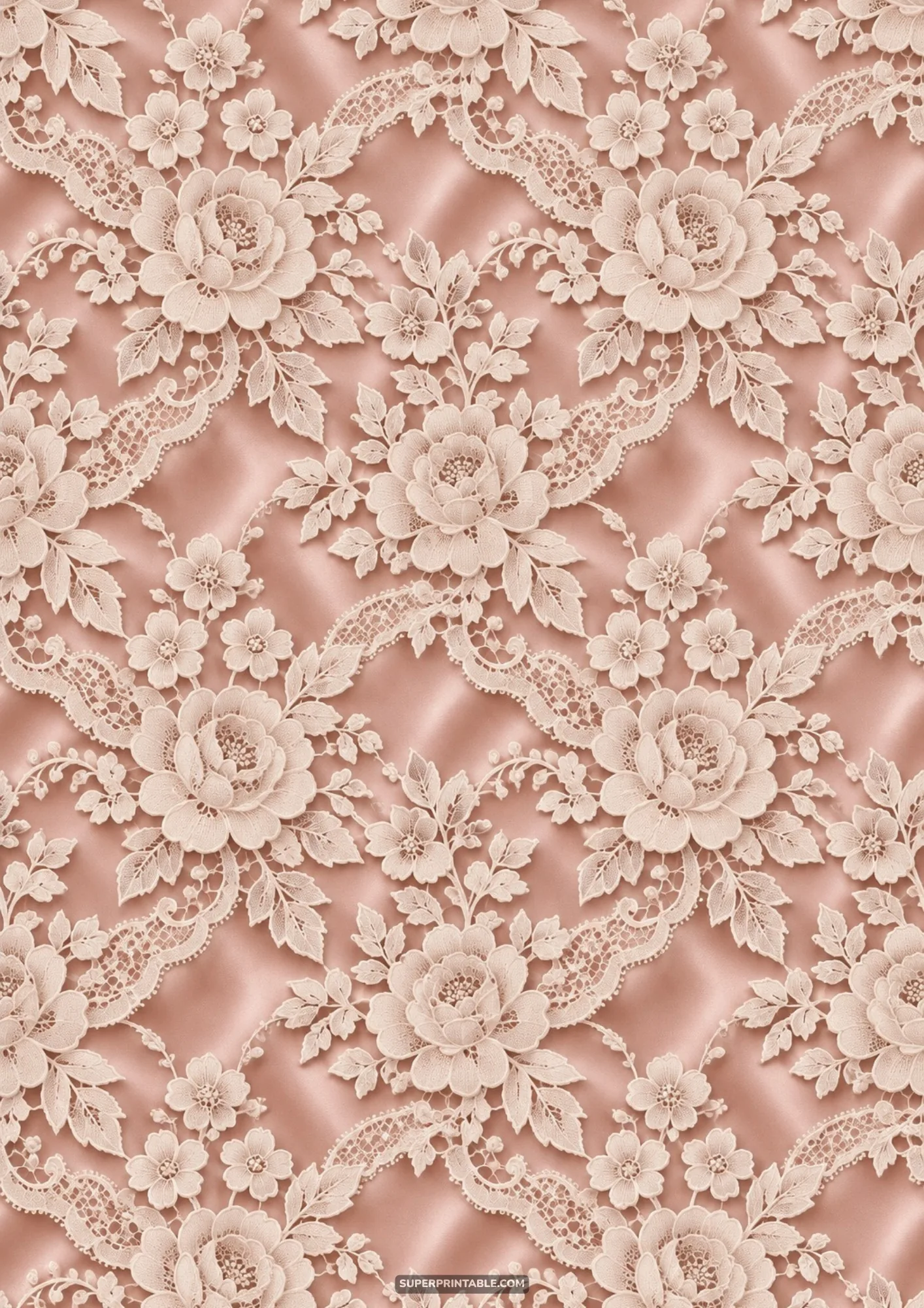 Intricate vintage floral lace embroidery with peony patterns over shimmering blush pink satin