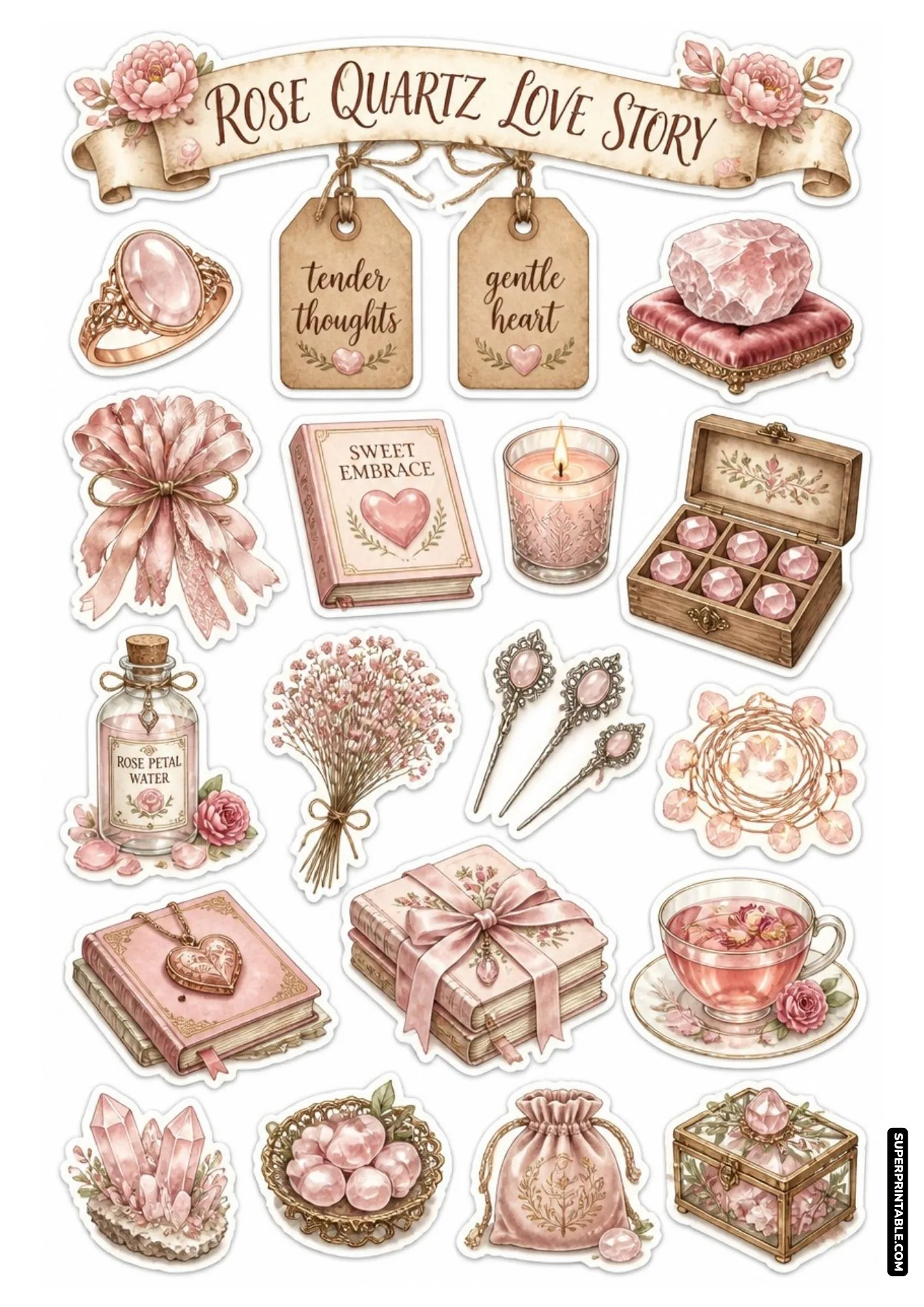 Soft pink rose quartz gemstones, dried pink flowers, tea cup, and ribbon wrapped journal sticker sheet.