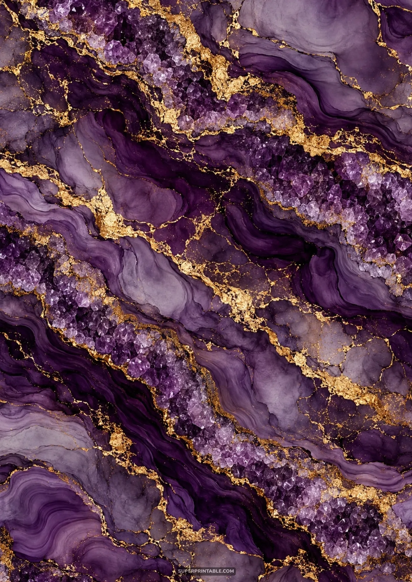 Royal amethyst quartz geode background with sparkling purple crystals and gilded mineral cracks