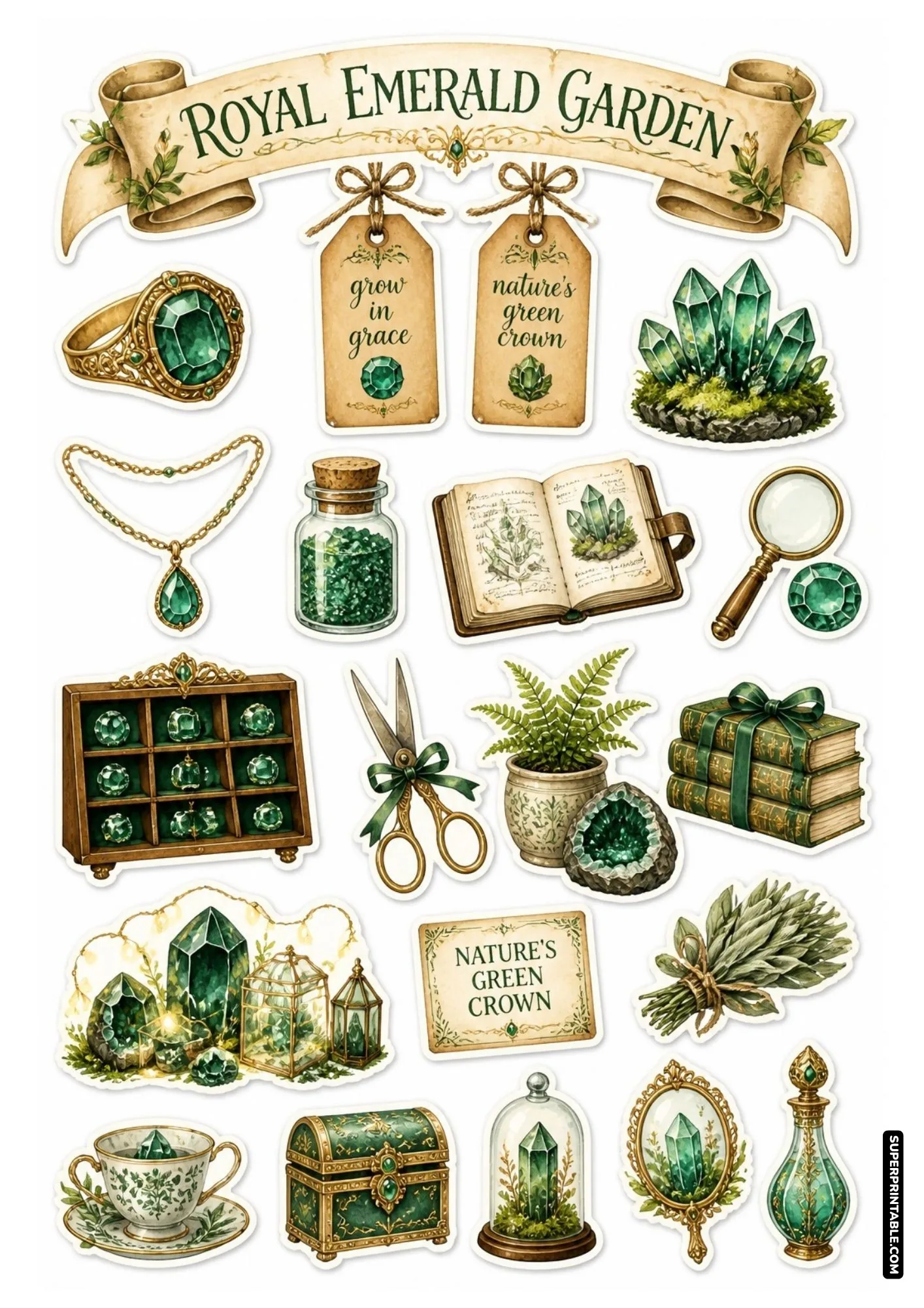 Printable gemstone sticker sheet featuring vibrant green emerald crystals, gold jewelry, and vintage botanical elements.