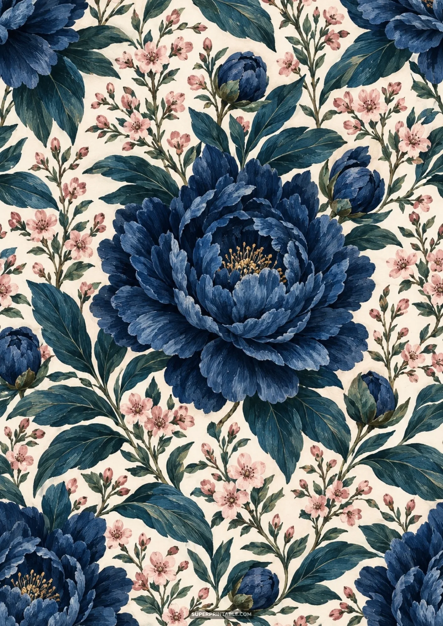 Royal blue ruffled peony blossom framed by delicate pink filler blossoms and teal green leafy sprigs