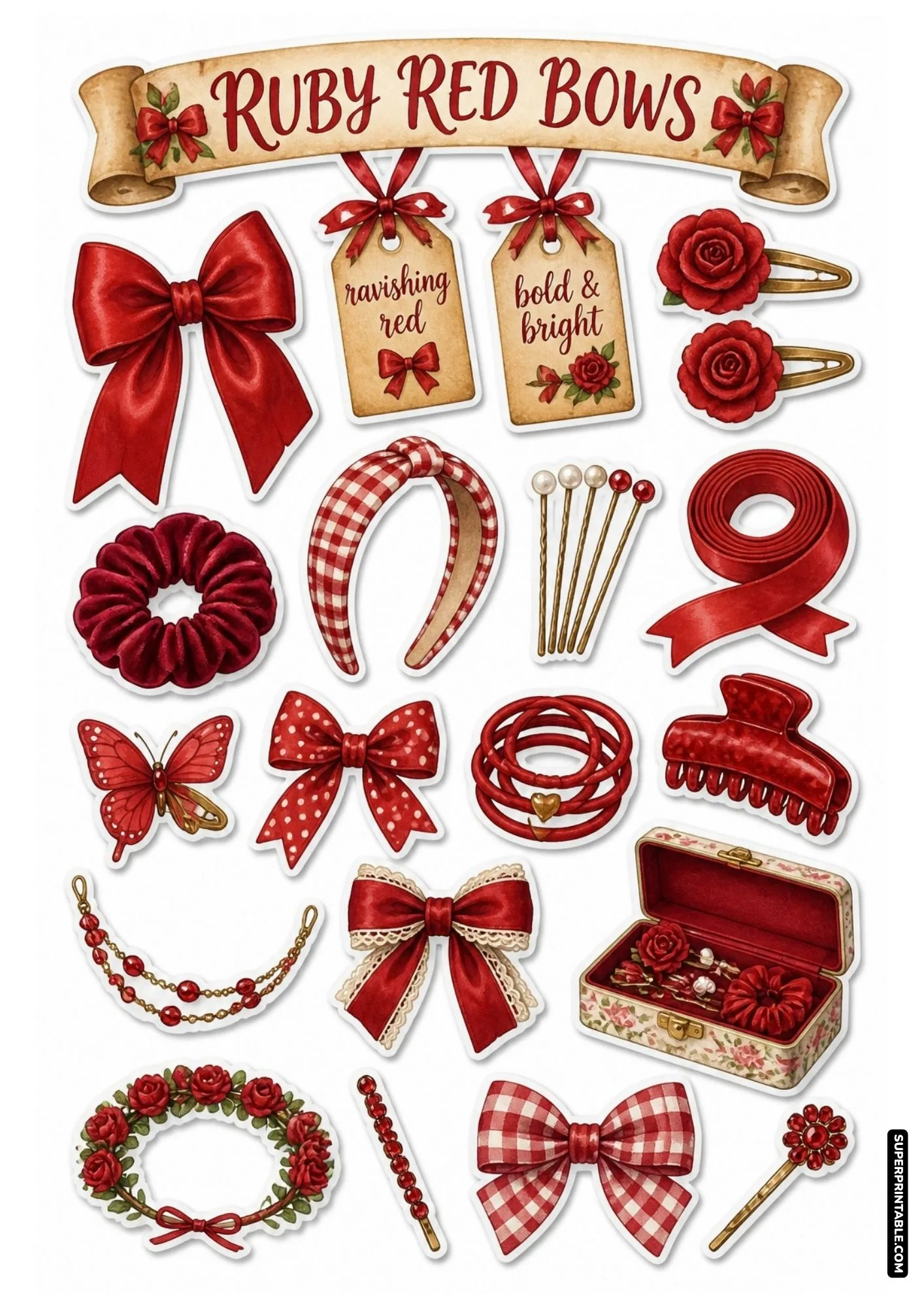 Ruby red hair bows stickers with rose hair clips, red gingham headband, and red scrunchie.