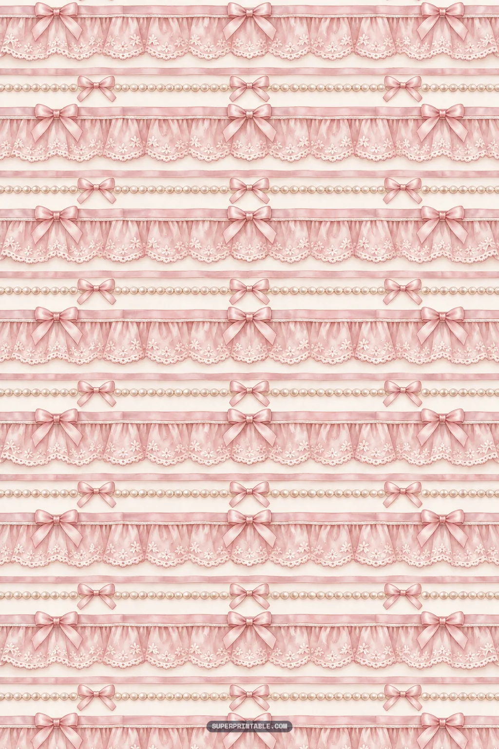 Tiered horizontal rows of ruffled blush eyelet lace, pearl strands, and pink ribbon bows