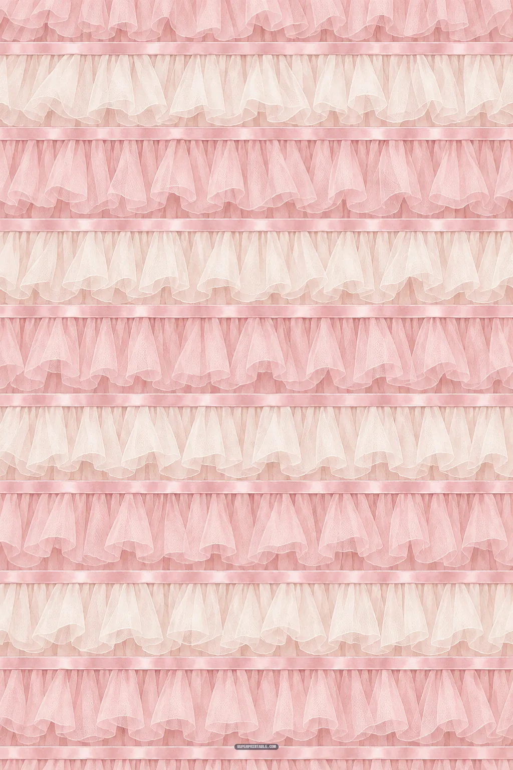 Tiered horizontal rows of ruffled blush pink and cream tulle tutu frills trimmed with satin ribbon