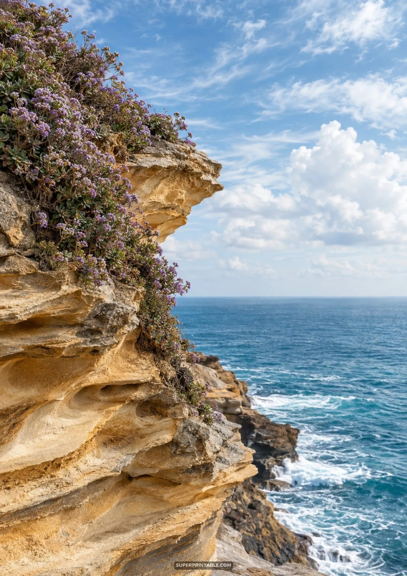 Rugged sandstone sea cliff with purple coastal wildflowers overlooking deep blue ocean water