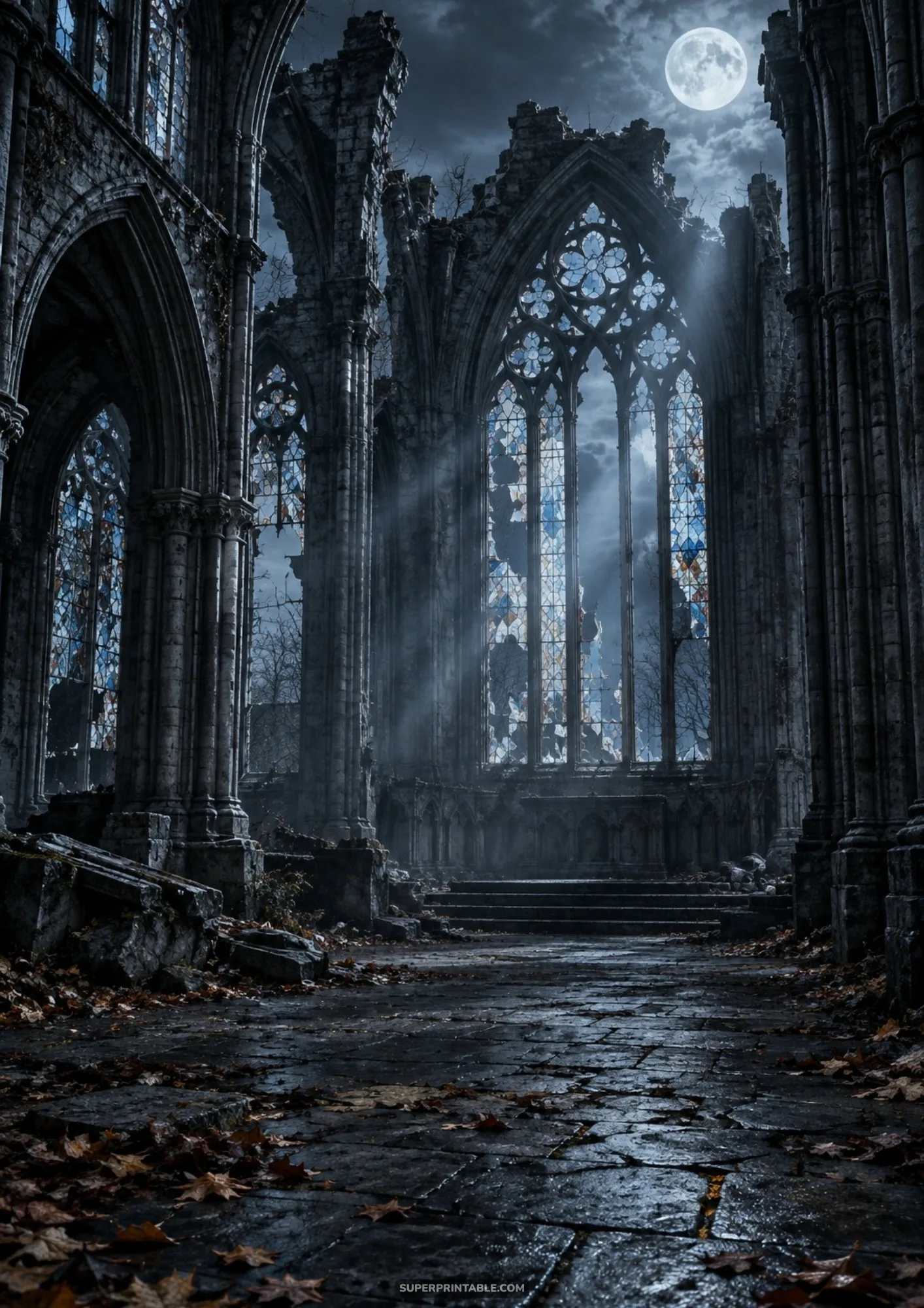 Moonlight streaming through shattered gothic stained-glass windows inside an ancient ruined stone cathedral