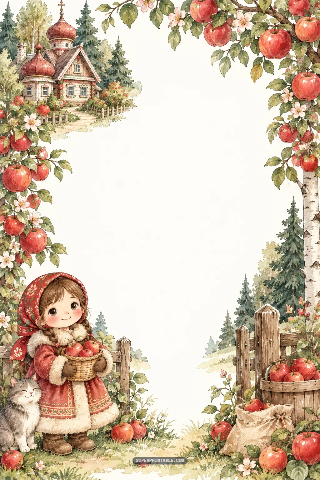 Girl in warm babushka holding an apple basket before an ornate wooden dacha