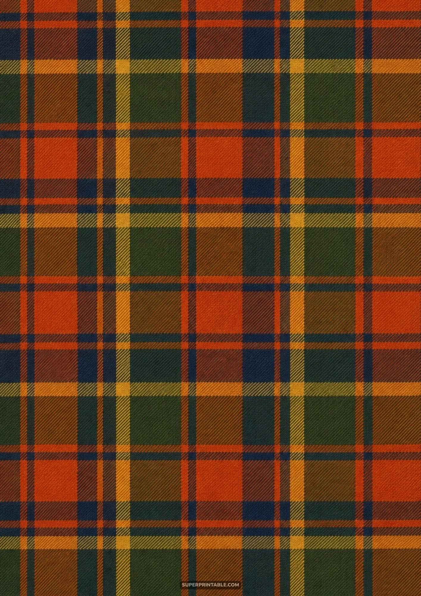 Classic cozy autumn plaid pattern featuring woven tartan checks in warm rust orange, forest green, and gold.