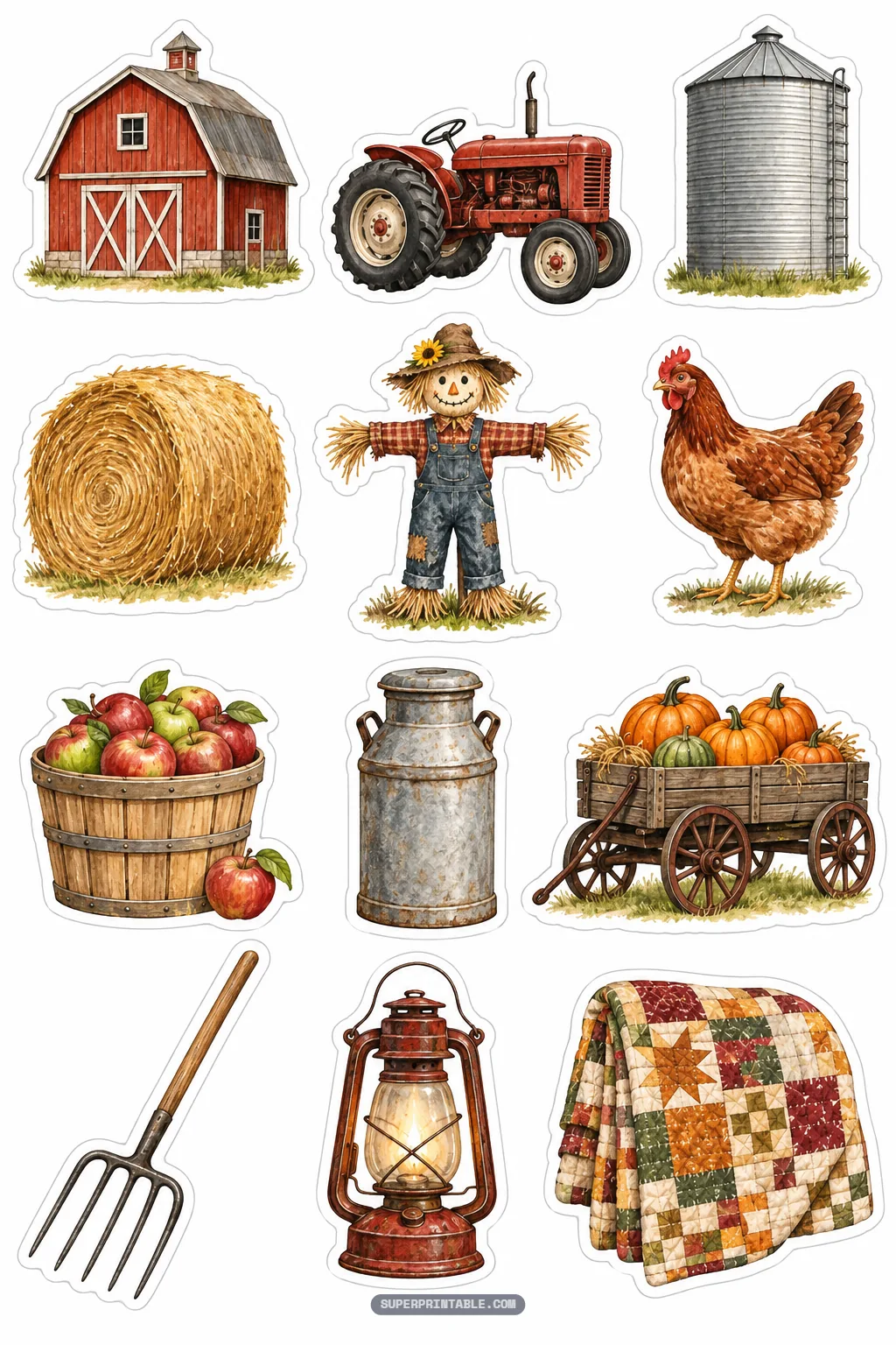 Rustic farm harvest stickers featuring a red barn, tractor, scarecrow, and pumpkin cart