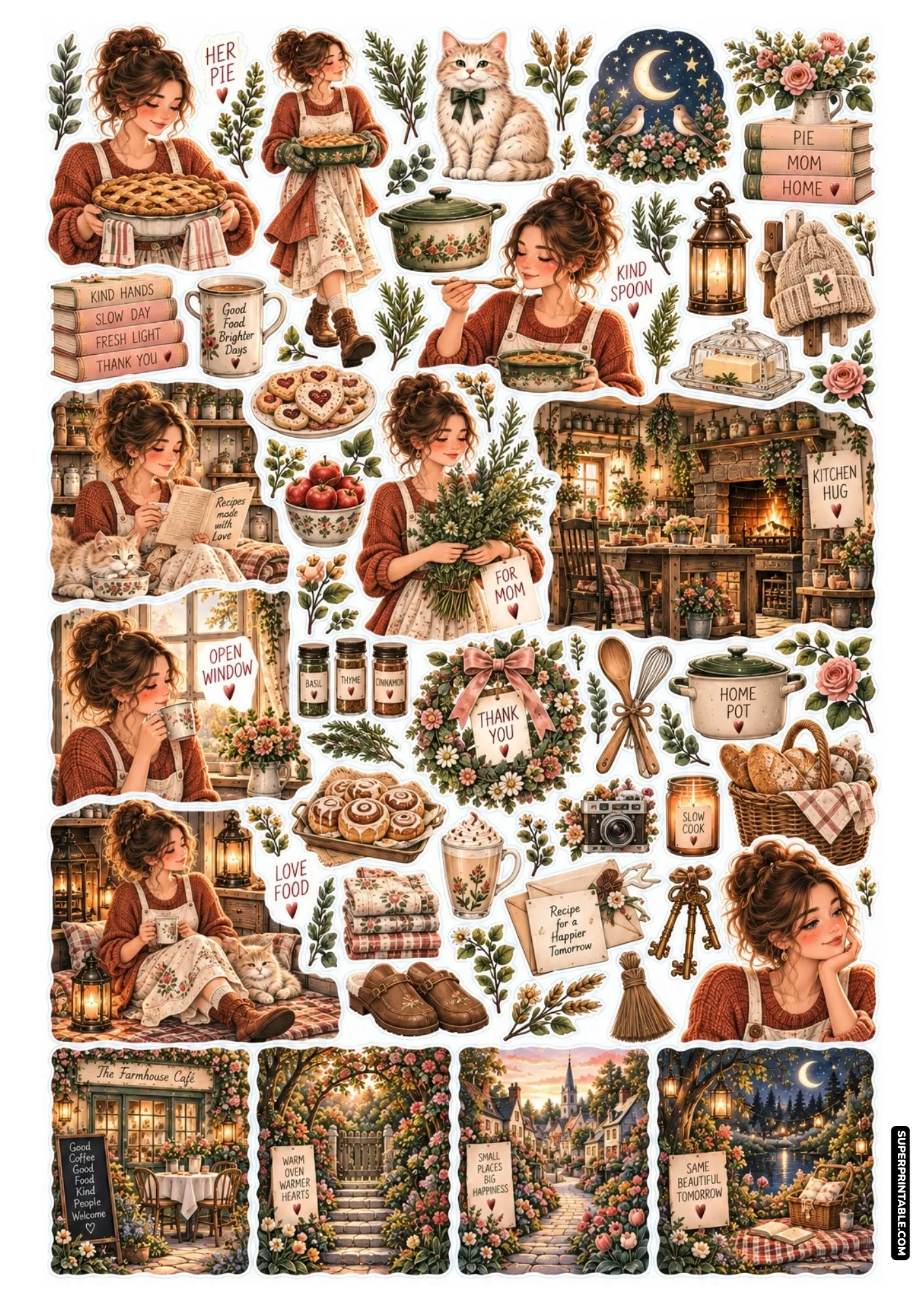 Mother's Day sticker sheets showing rustic kitchen baking moments, freshly baked berry pie, and cozy country elements.