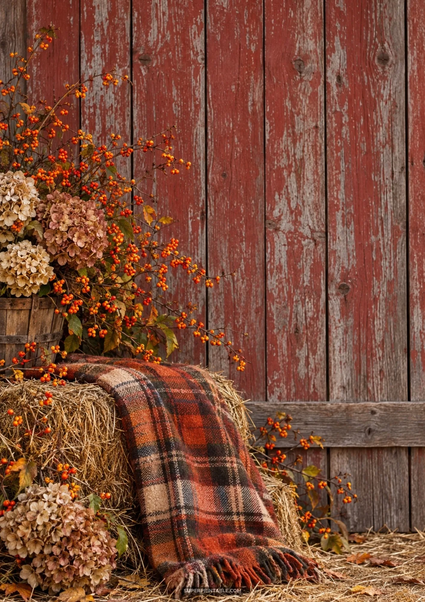 Rustic barn wall setting with dried hydrangeas, orange bittersweet berries, and plaid wool blanket on hay bales.