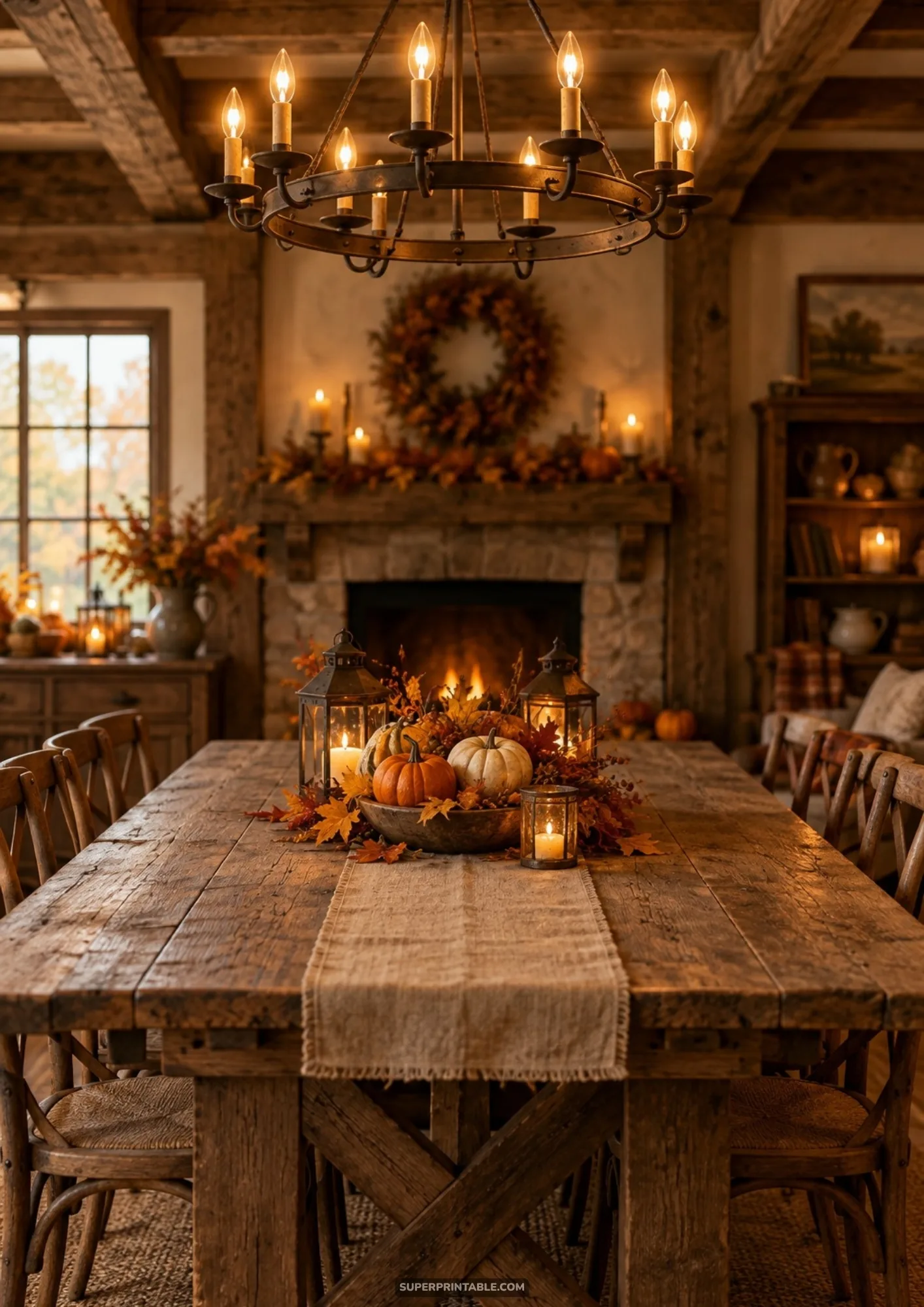 Reclaimed wood dining table with pumpkin centerpiece leading toward a roaring fireplace in a cozy cabin