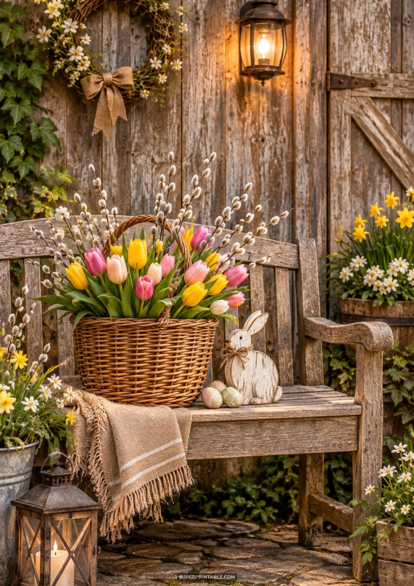 Rustic wooden bench with wicker basket of tulips, wooden bunny, and pastel eggs