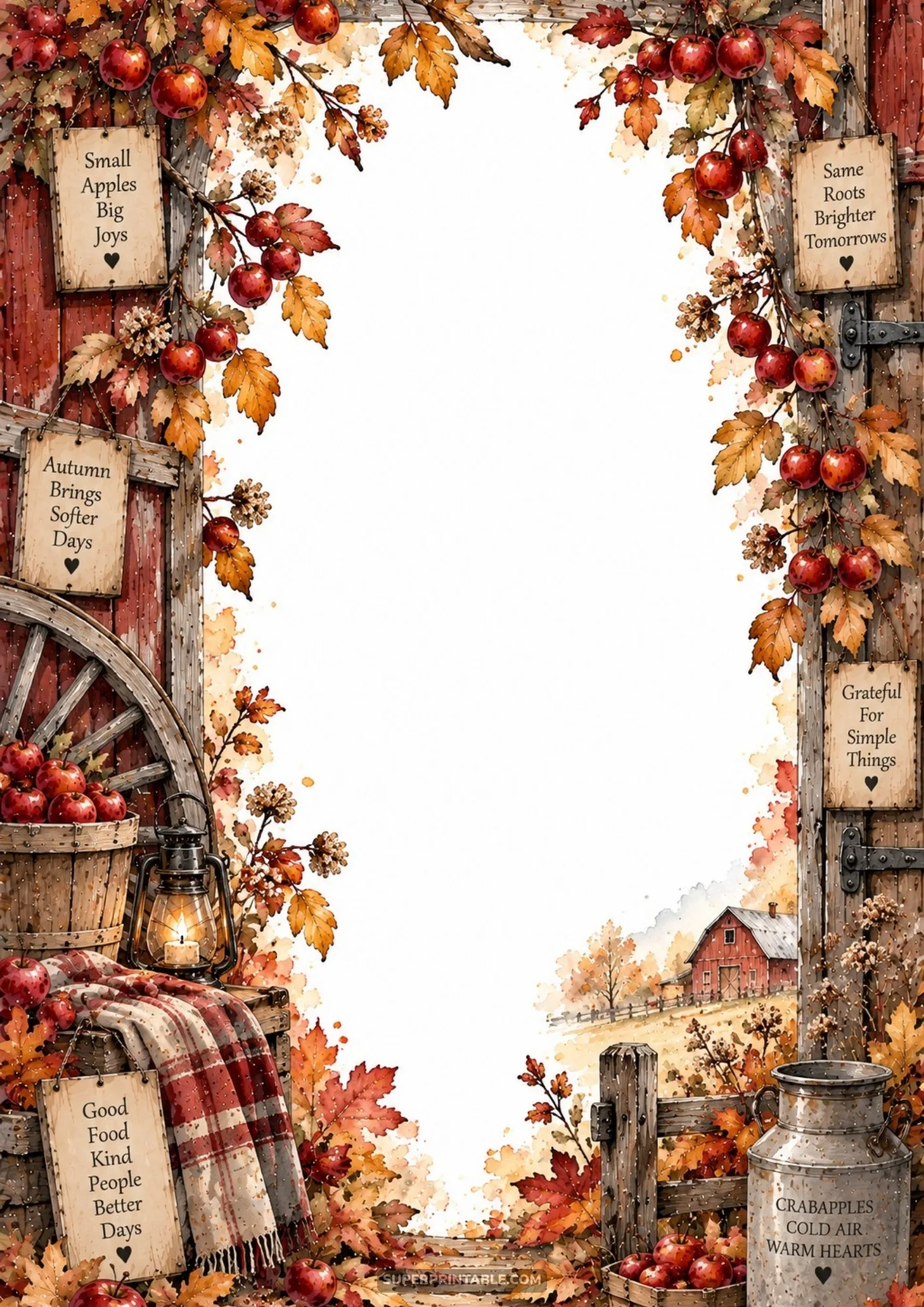 Rustic red barn door framed with wild crabapple boughs, antique lantern, milk can, and cozy wool blanket