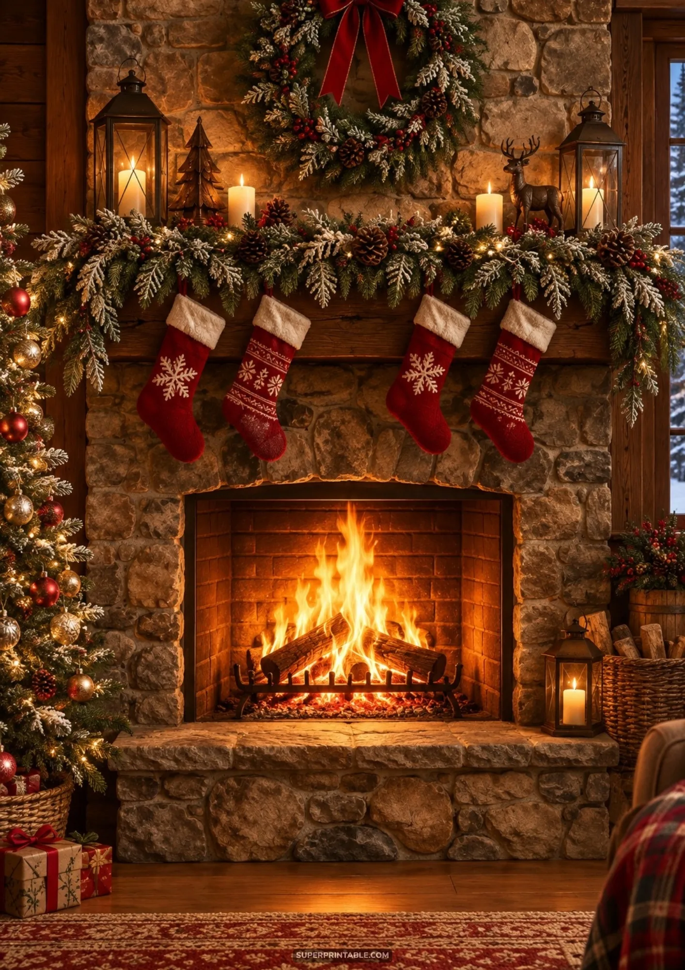 Classic holiday digital backgrounds showing stone fireplace with red stockings