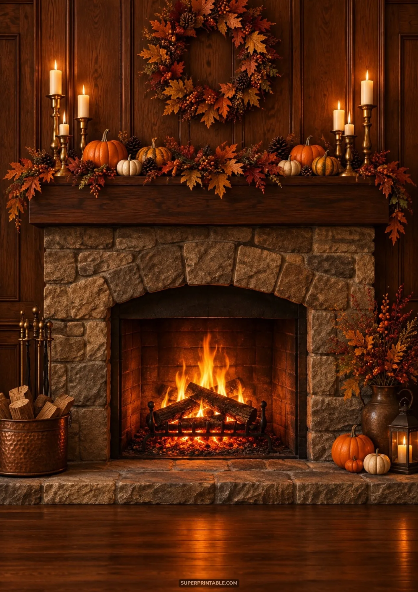 thanksgiving warm hearth backgrounds featuring a lit stone fireplace decorated with pumpkins and autumn leaves
