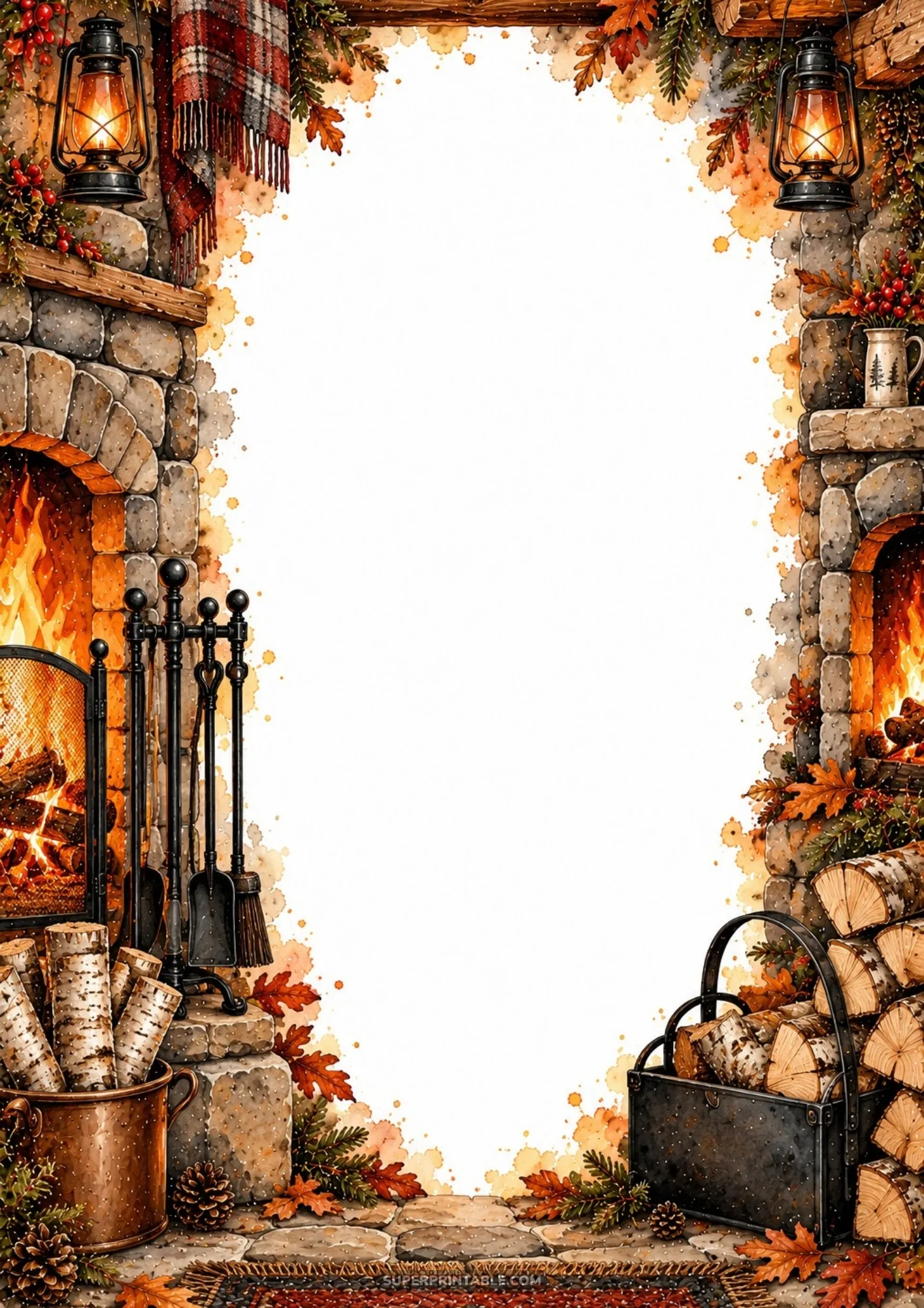 Rustic stone fireplace border with burning hearth fires, birch logs, glowing lanterns, and winter greenery.