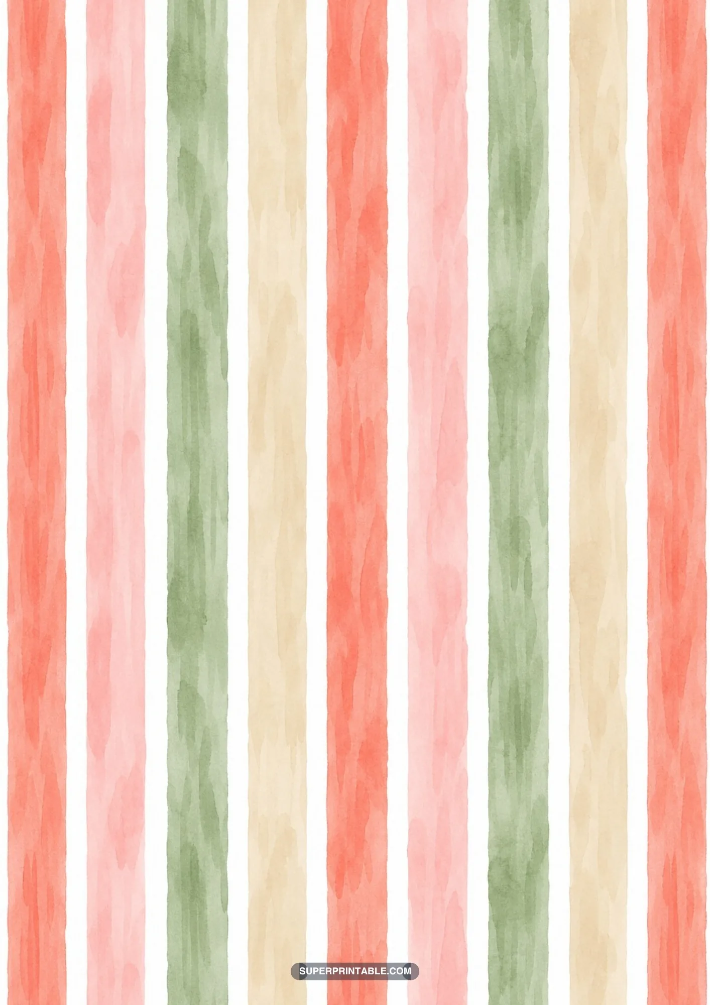 Vertical painterly watercolor stripes in muted coral, pink, sage green, and cream