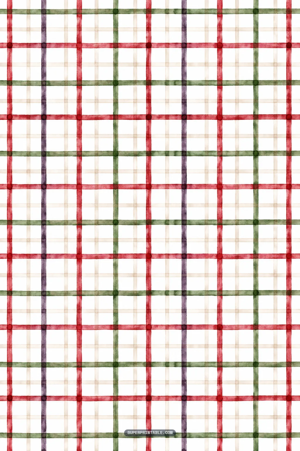 Minimalist watercolor windowpane plaid paper featuring red, purple, and green grid lines