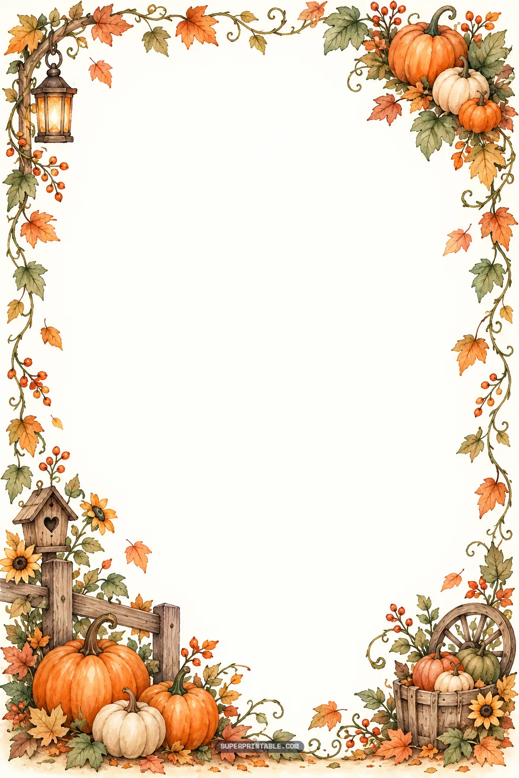Watercolor autumn stationery border with a wooden wheelbarrow full of pumpkins and a rustic birdhouse.