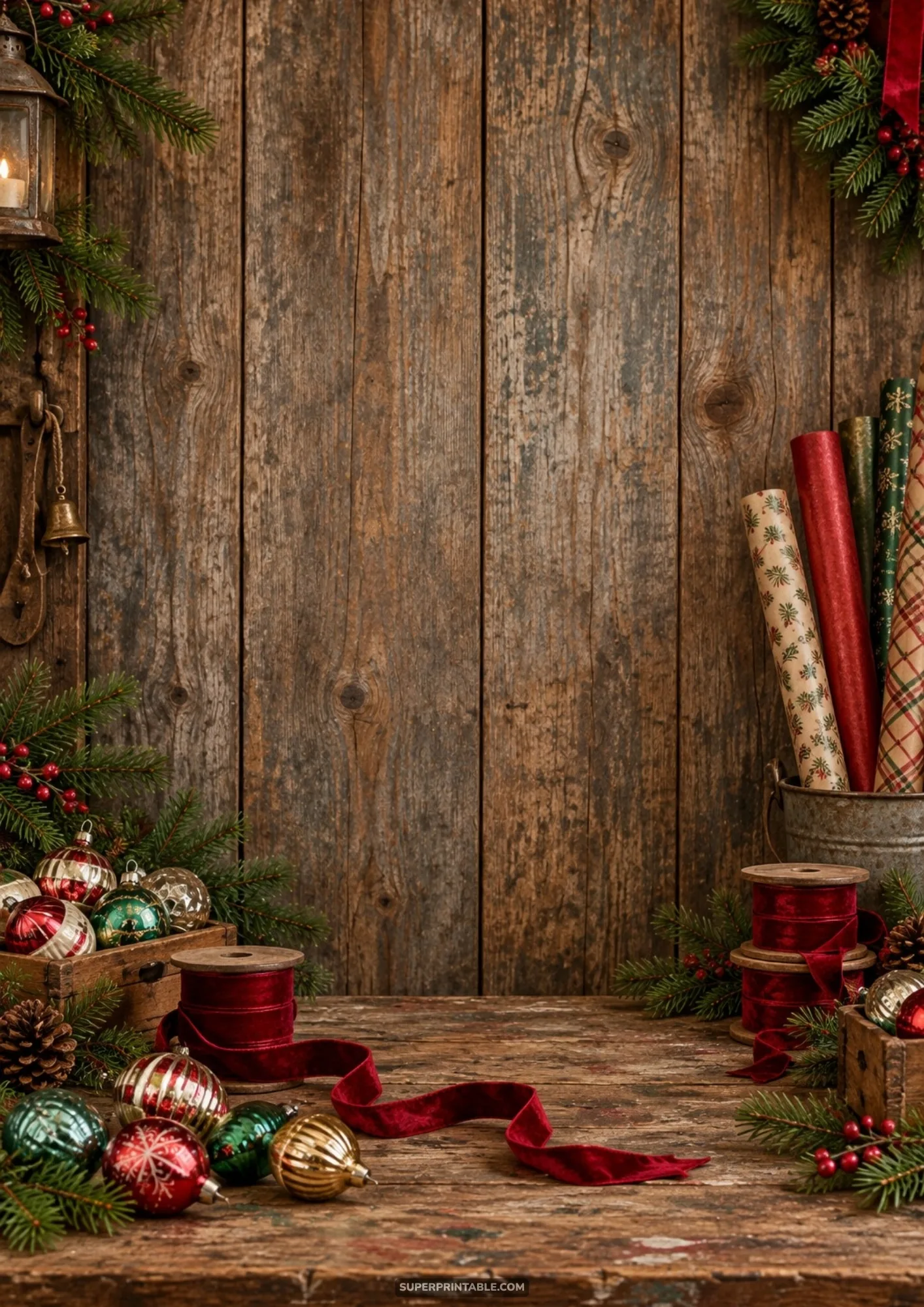 Rustic wooden table arranged with vintage Christmas ornaments and gift wrap