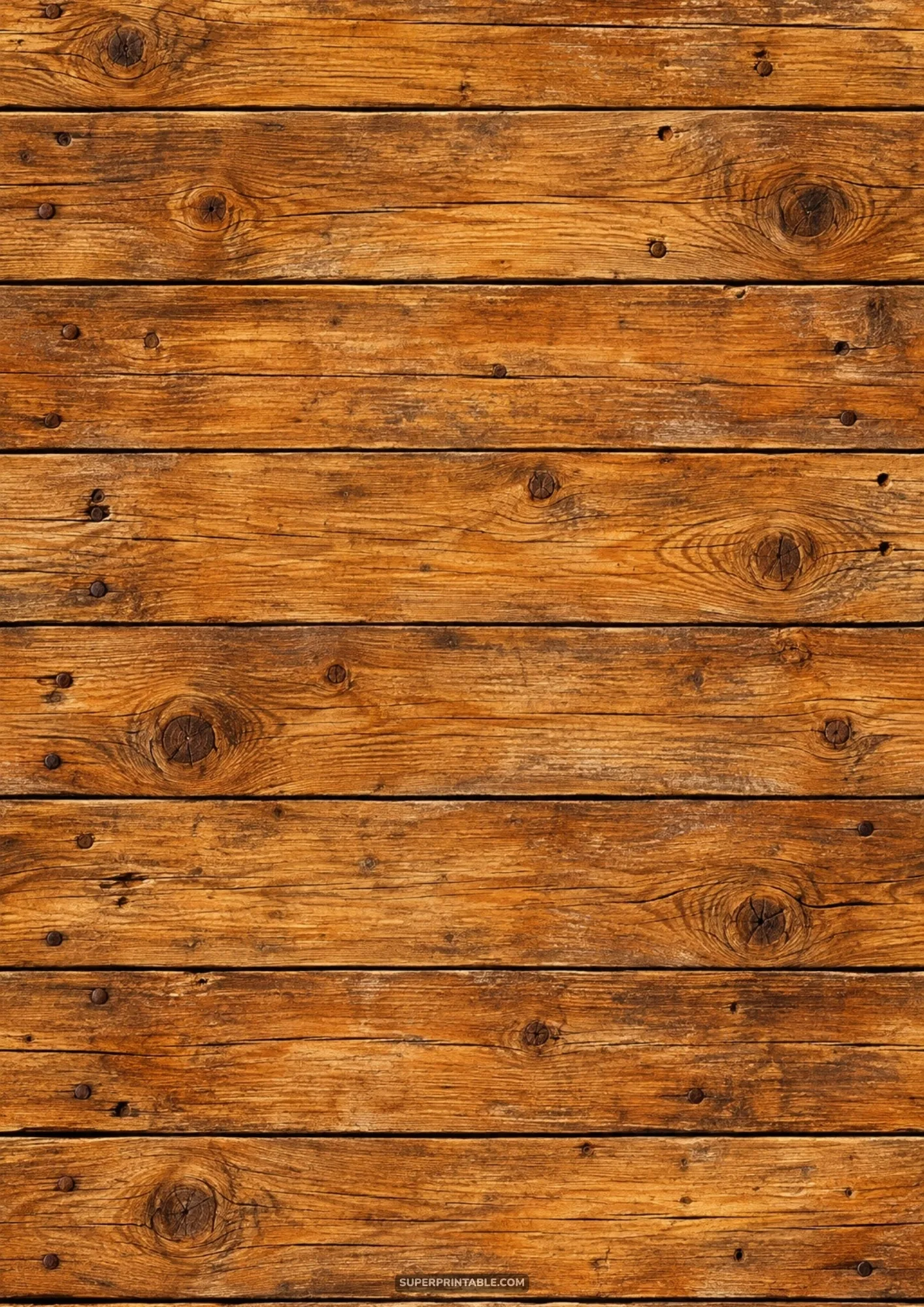 Weathered brown wooden plank texture with natural wood grain, knots, and vintage iron nail heads.