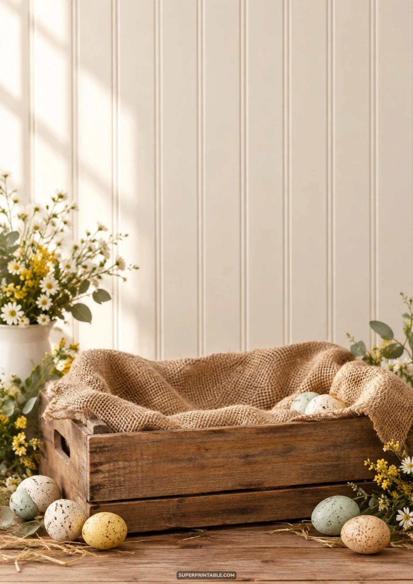 Rustic wooden crate lined with burlap fabric and speckled pastel eggs on wood table