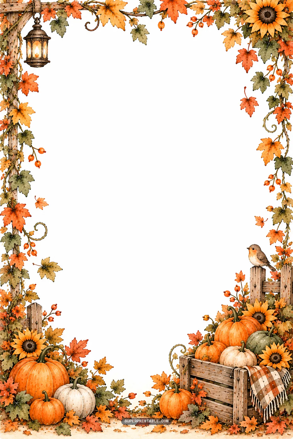 Autumn stationery border with a weathered wooden crate overflowing with pumpkins and a sweet robin bird.