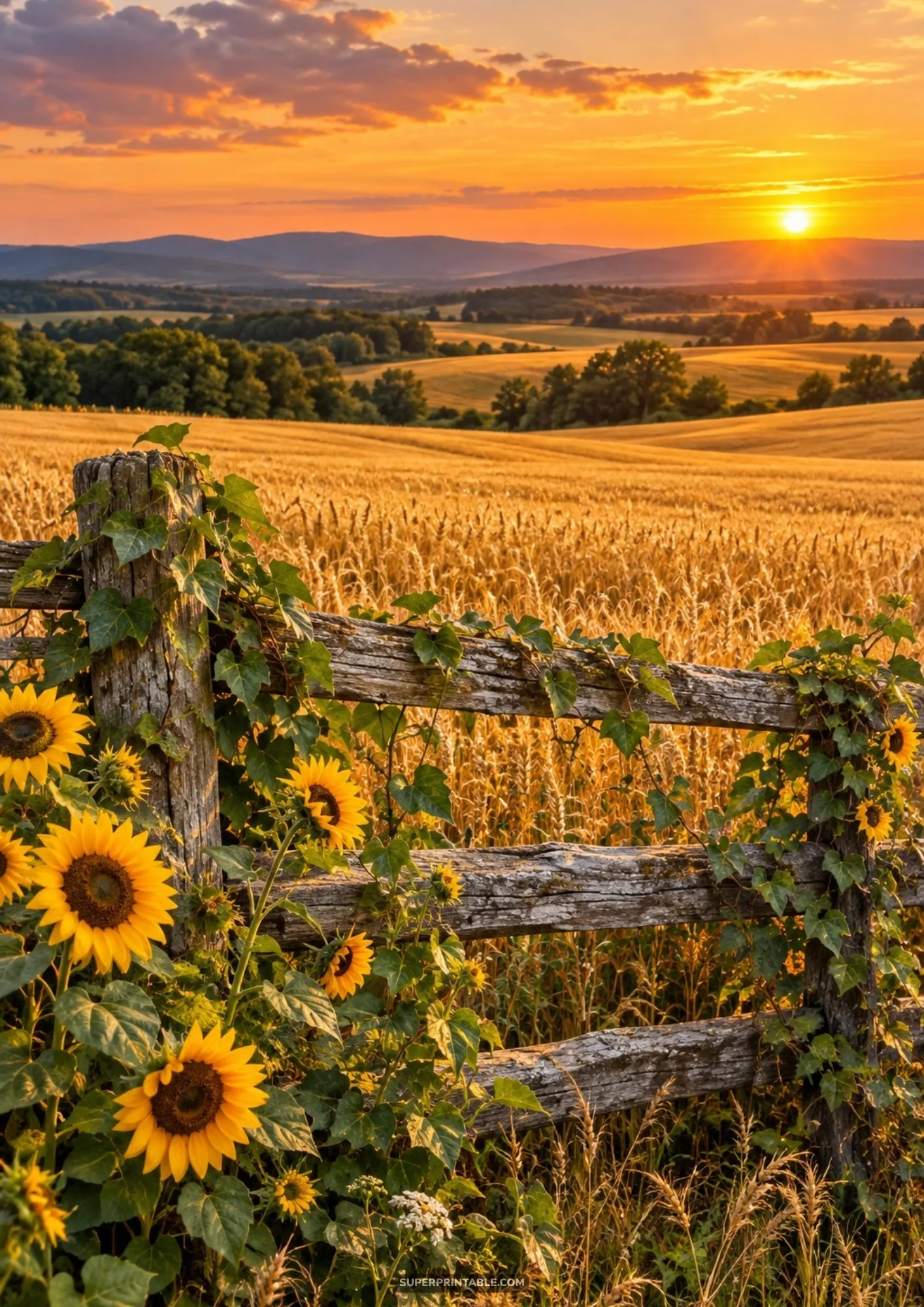 Weathered split-rail wooden fence adorned with sunflowers and ivy overlooking a golden wheat field at sundown