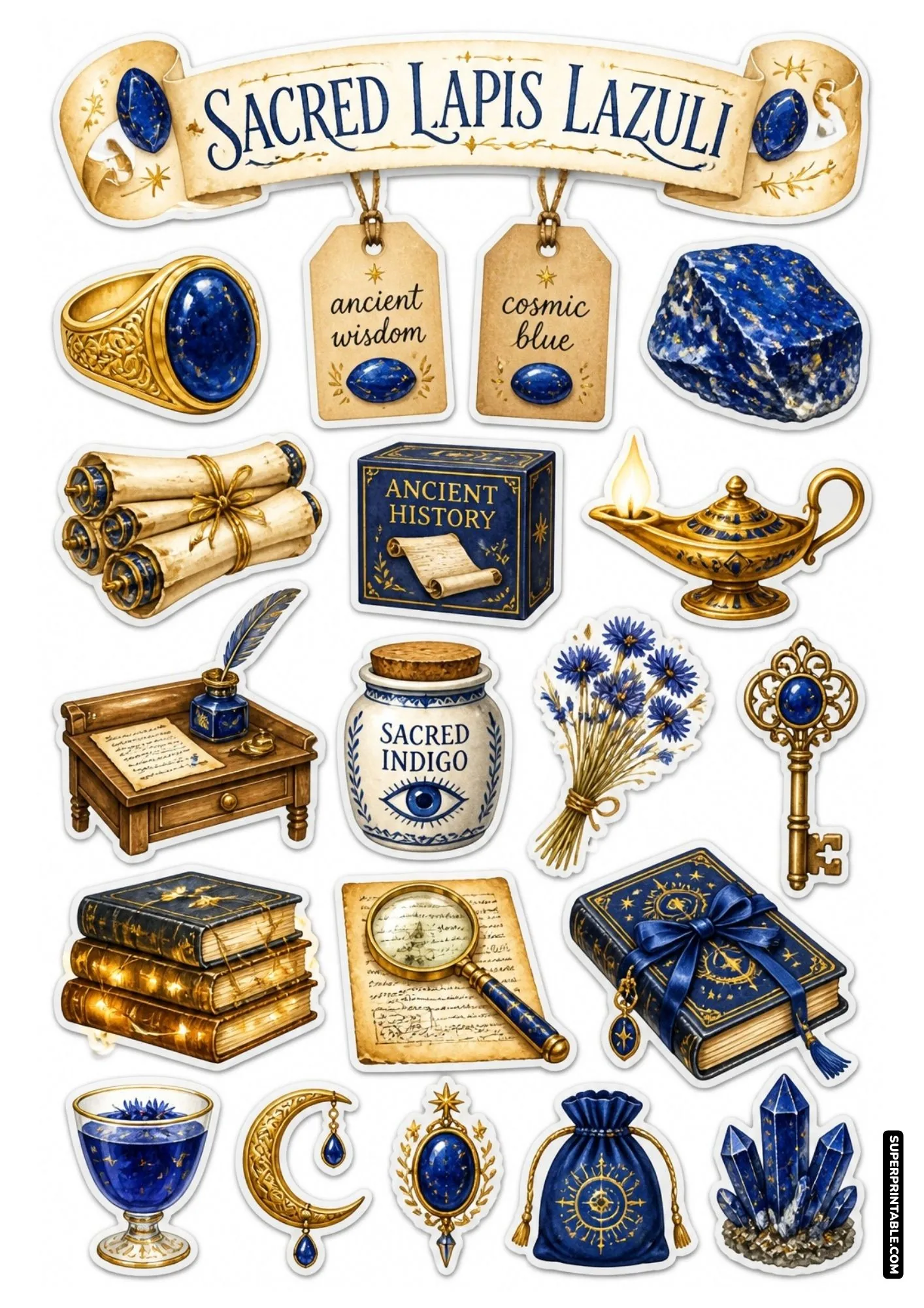 Deep blue lapis lazuli stones with gold specks, ancient scrolls, and brass oil lamp sticker sheet.