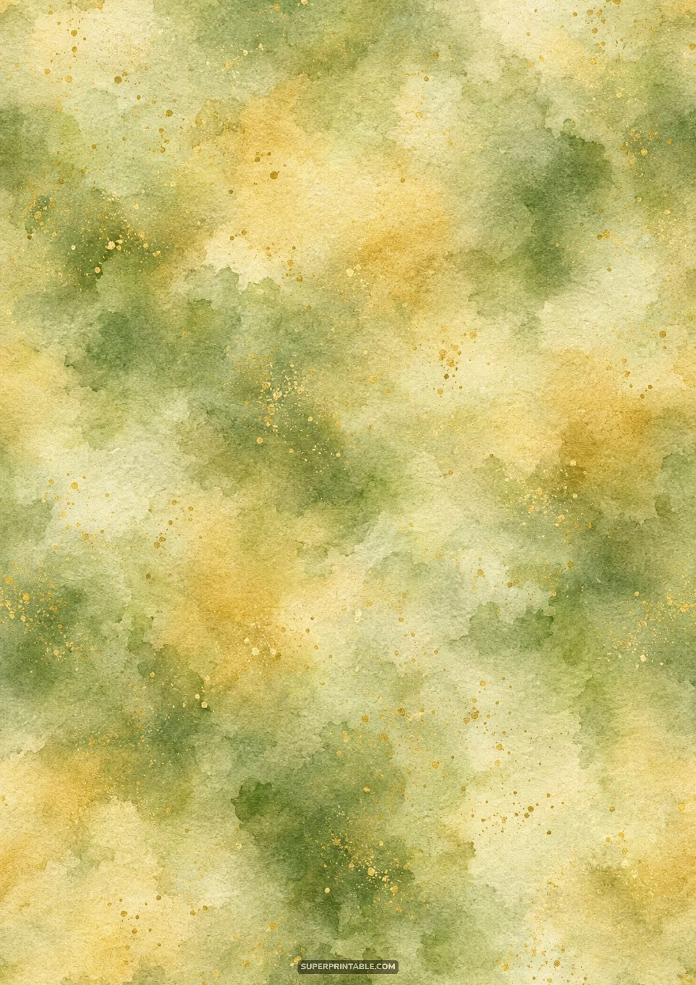 Textured sage green and ochre watercolor wash embellished with fine gold splatters