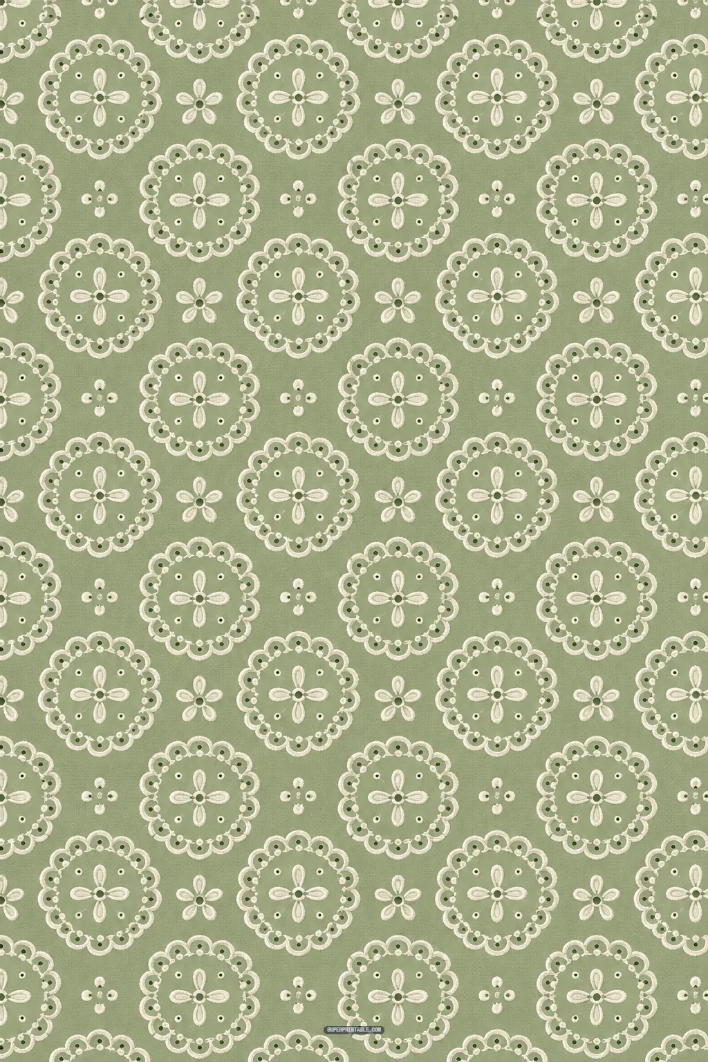 Intricate white eyelet lace embroidery floral medallions arranged on soft sage green textured fabric background