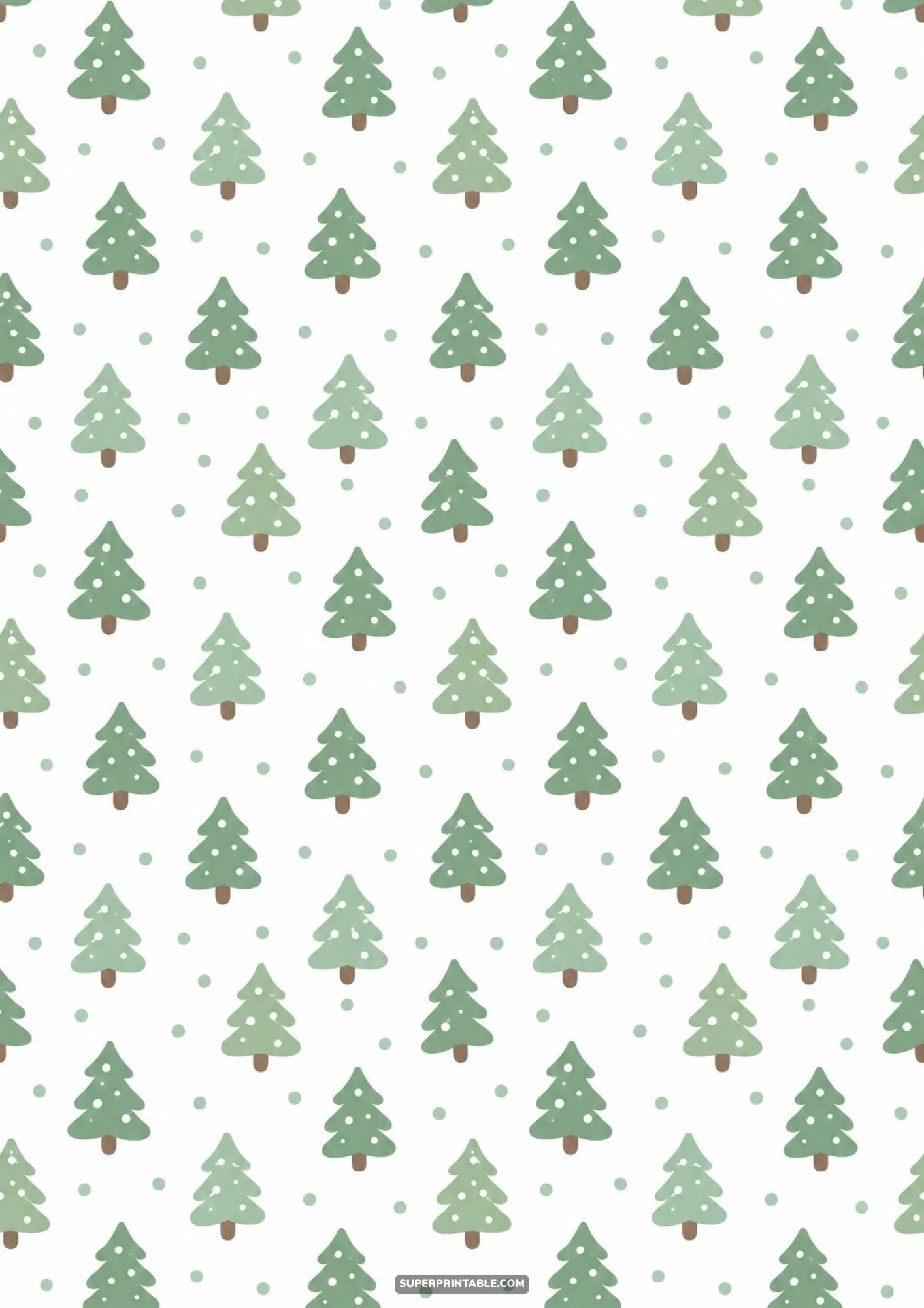 Charming pattern of pastel sage green Christmas trees and falling snow dots on white paper.