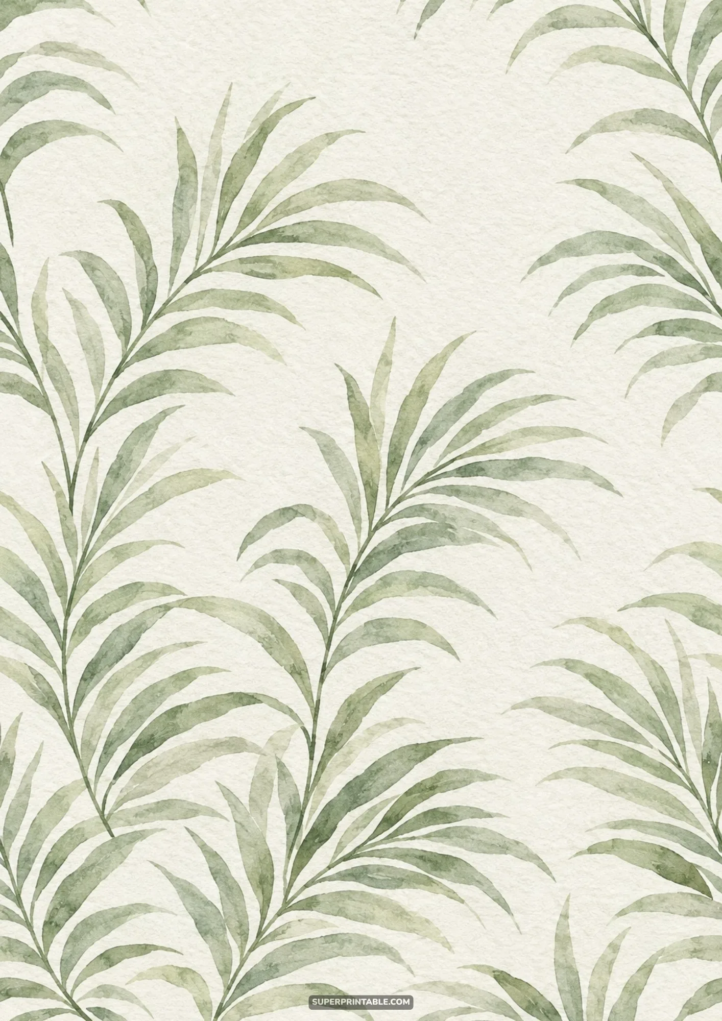 Graceful sage green watercolor palm branches and arching fronds on an ivory sheet