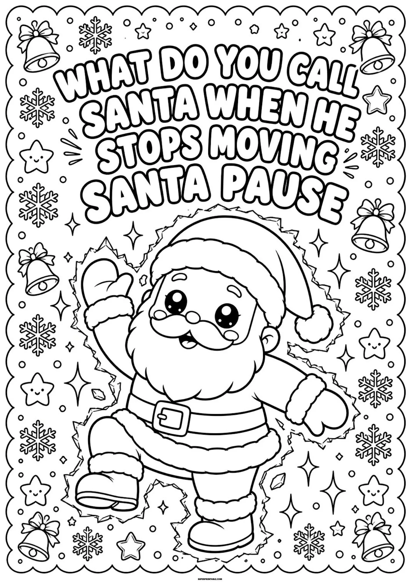 Santa Claus frozen in ice with a festive joke text on christmas jokes coloring pages.