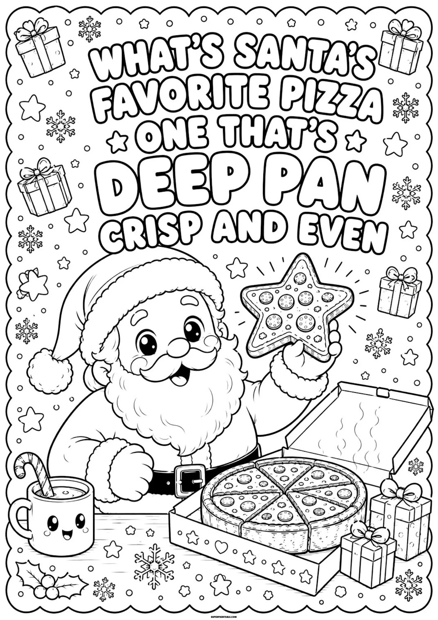 Santa Claus enjoying star pizza with a funny deep pan crisp and even christmas joke.