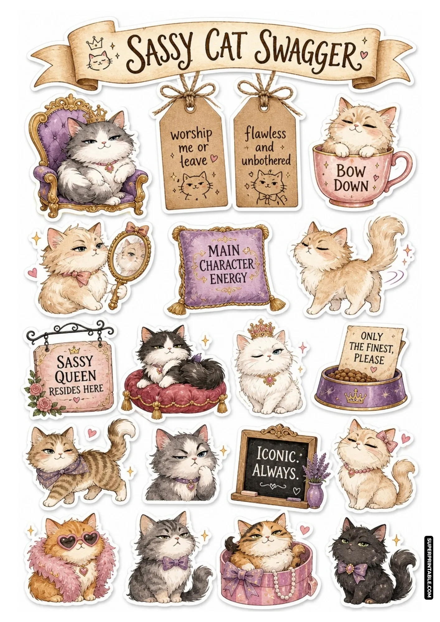 Sassy animal stickers set showcasing regal royal cats resting on velvet thrones and haughtily demanding worship