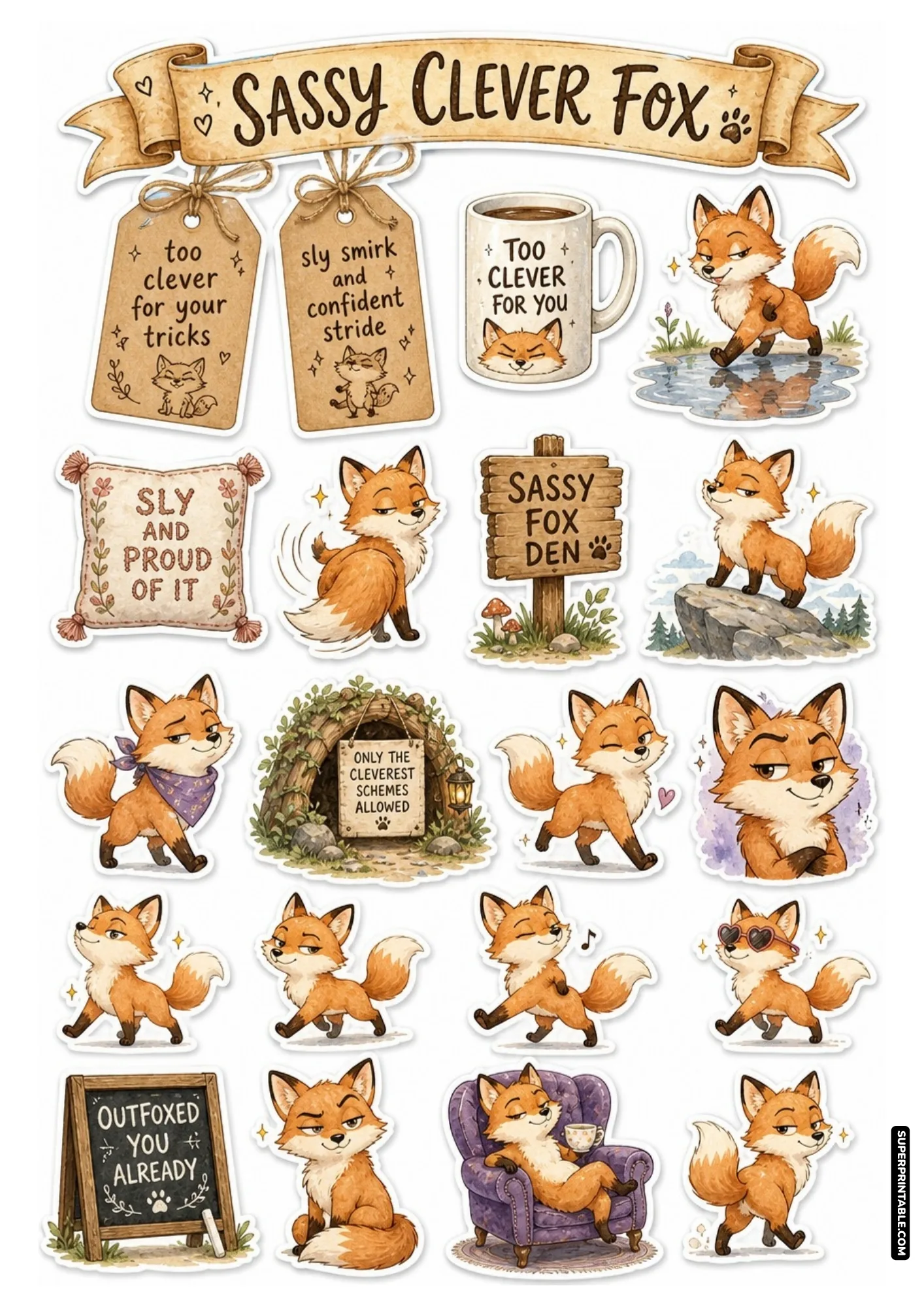 Cunning red foxes with sly smirks relaxing in purple armchairs and wandering through a cozy woodland den