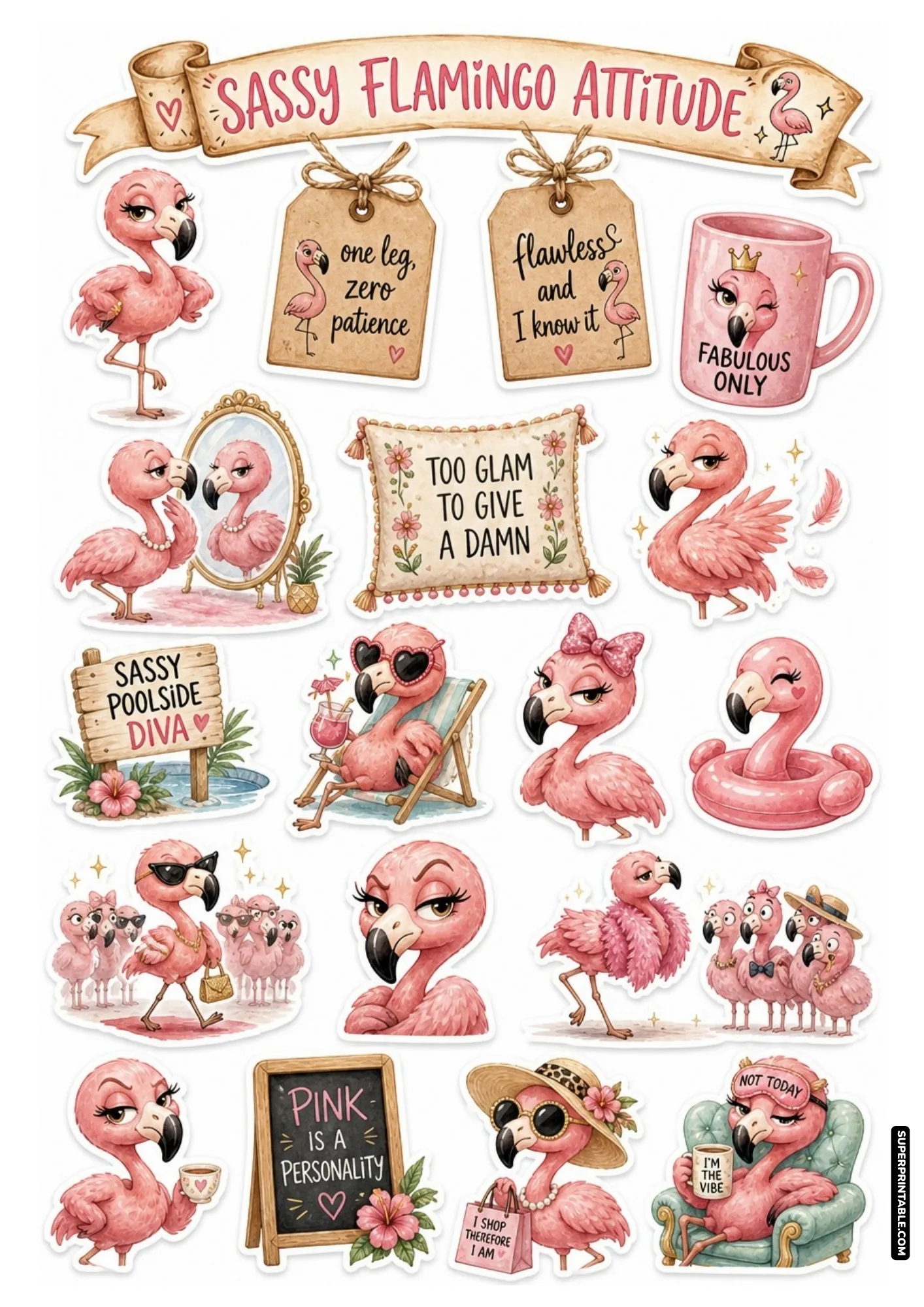 Sassy animal stickers sheet featuring chic pink flamingos with funny attitude quotes and glamorous accessories