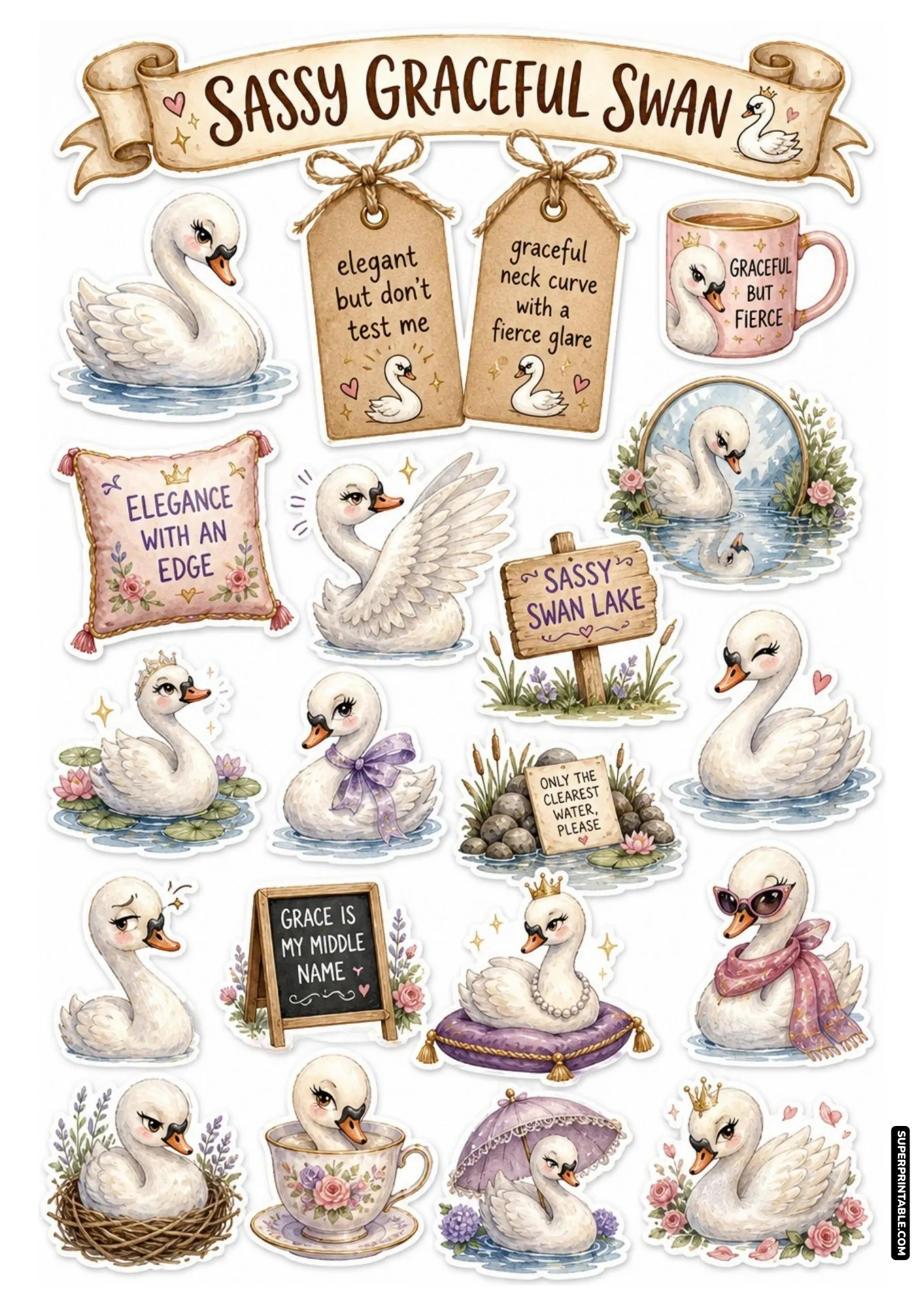 Graceful white swans wearing crowns and pearls with haughty facial expressions on a printable sticker sheet