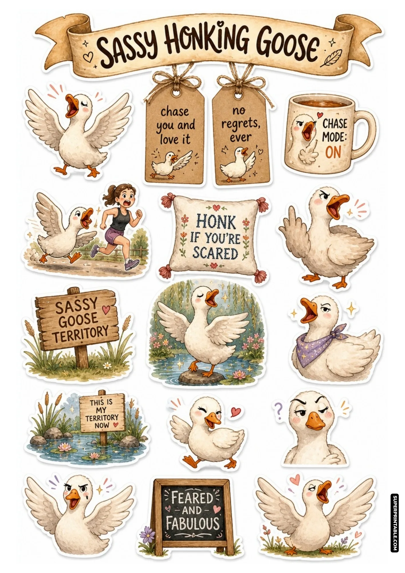Comical white geese honking loudly and chasing joggers across humorous farm and pond themed sticker cutouts