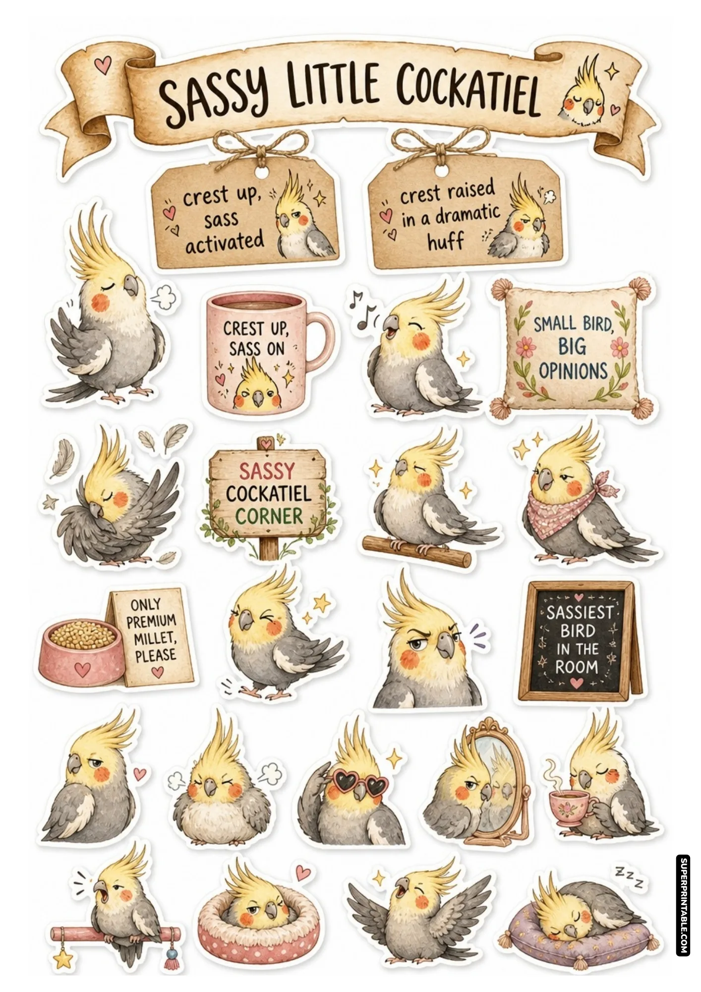 Charming grey cockatiels showing raised yellow crests and feisty side-eye expressions on a craft sticker sheet
