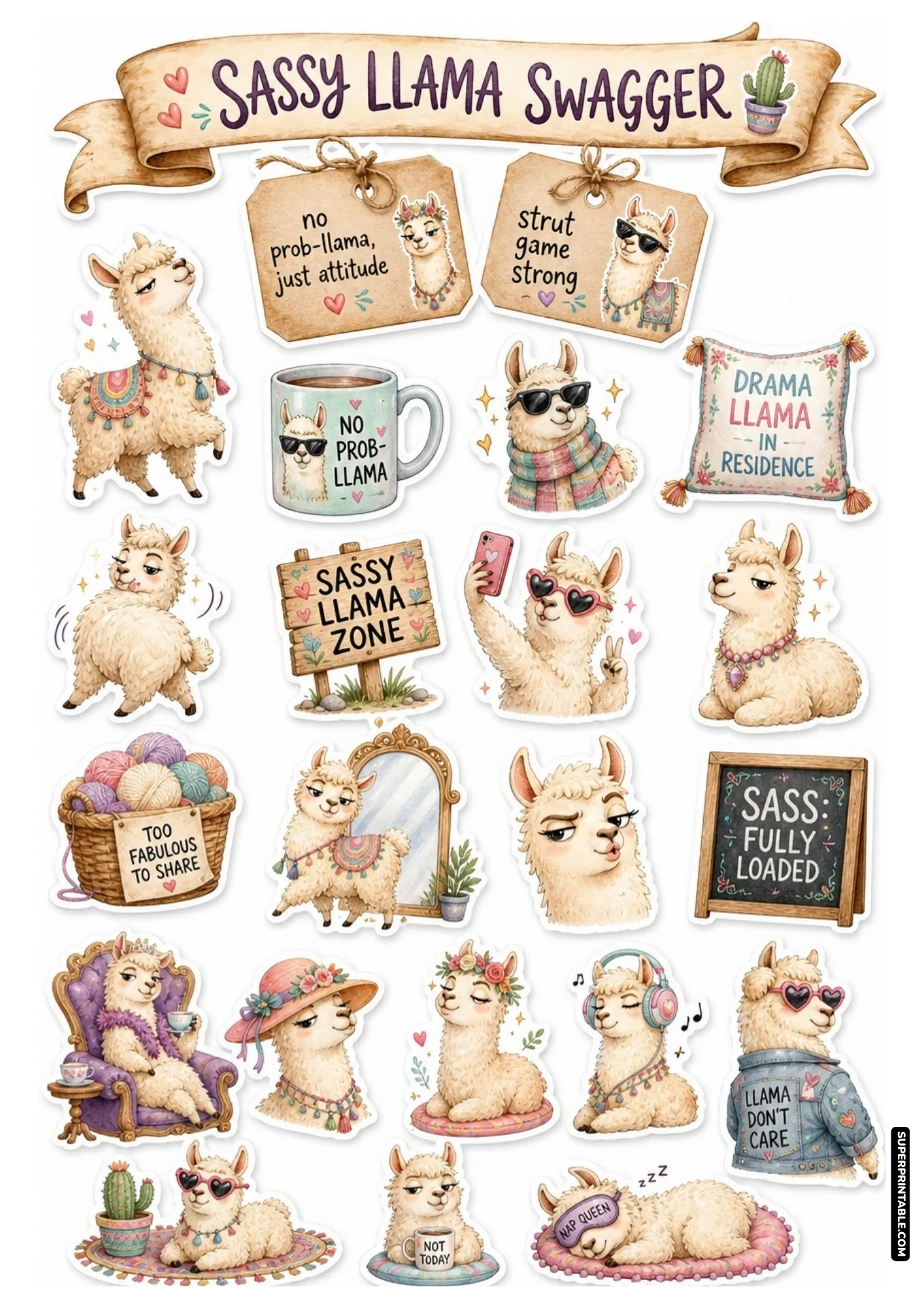 Fluffy llamas wearing cool heart sunglasses, sun hats, and headphone accessories with humorous sassy quotes