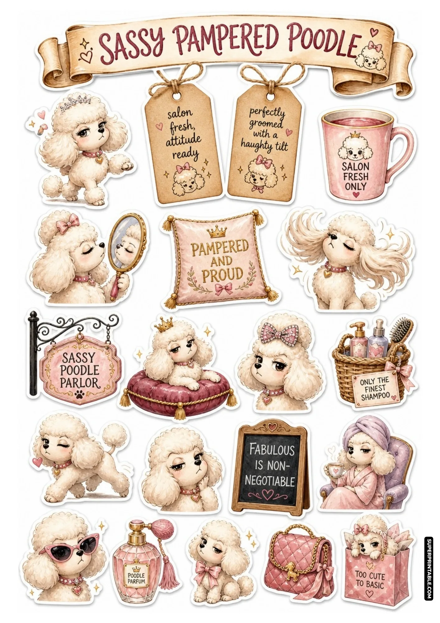Pampered white poodle stickers styled with salon blowouts, luxury vanity mirrors, and funny high-maintenance quotes