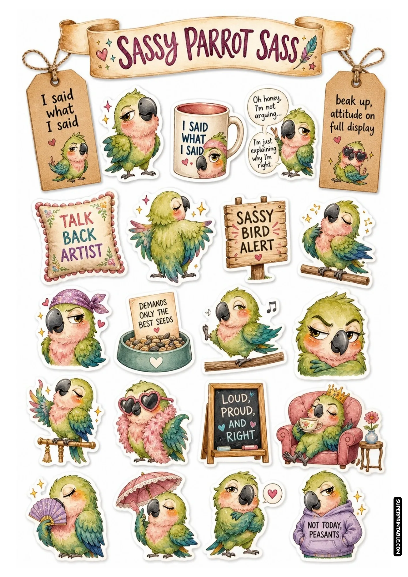 Expressive green parrots showing feisty expressions with feather boas, crowns, and funny talkative quotes