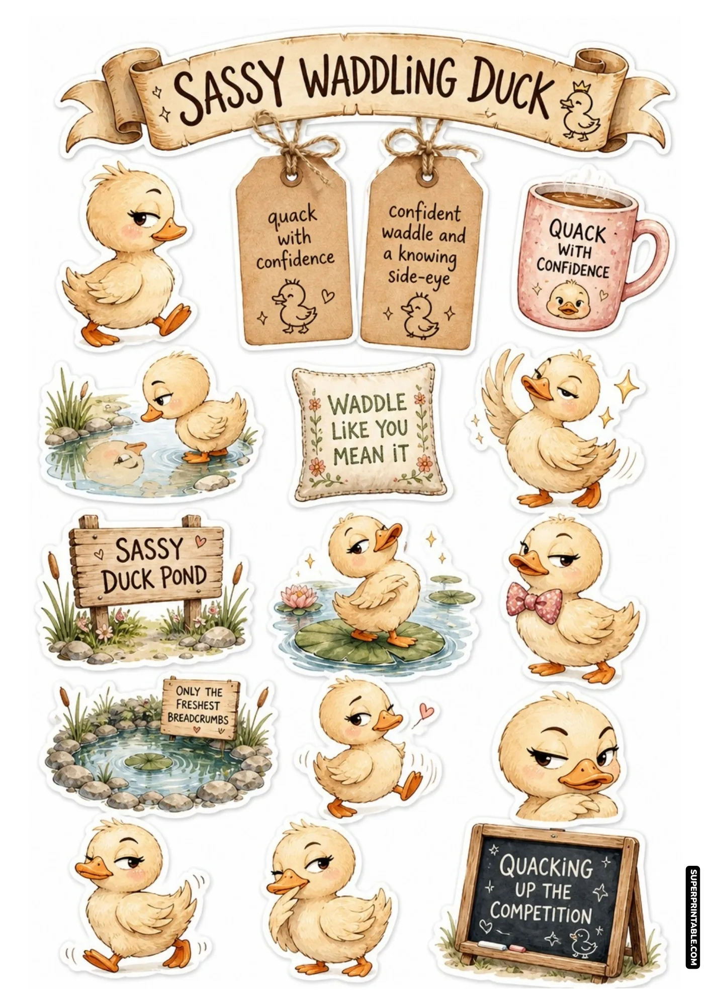 Funny yellow ducklings waddling with confident smirks and side-eye expressions beside a quiet garden pond