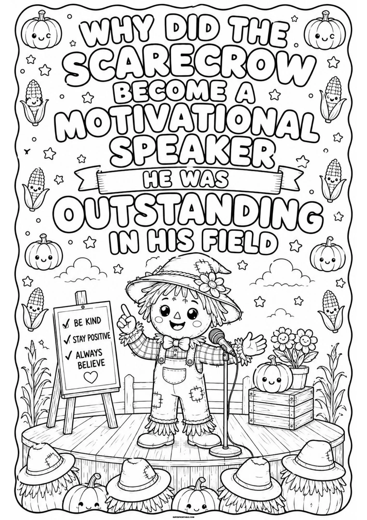 Cute scarecrow standing at a podium microphone on a wooden stage.