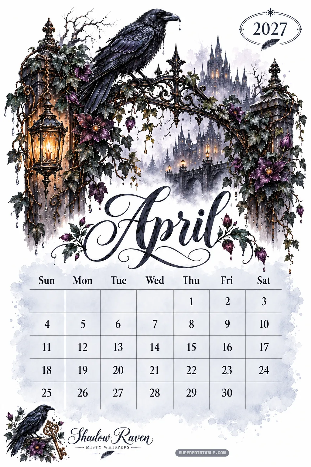 April calendar sheet with a black raven perched on an ornate gothic iron gate in misty fog